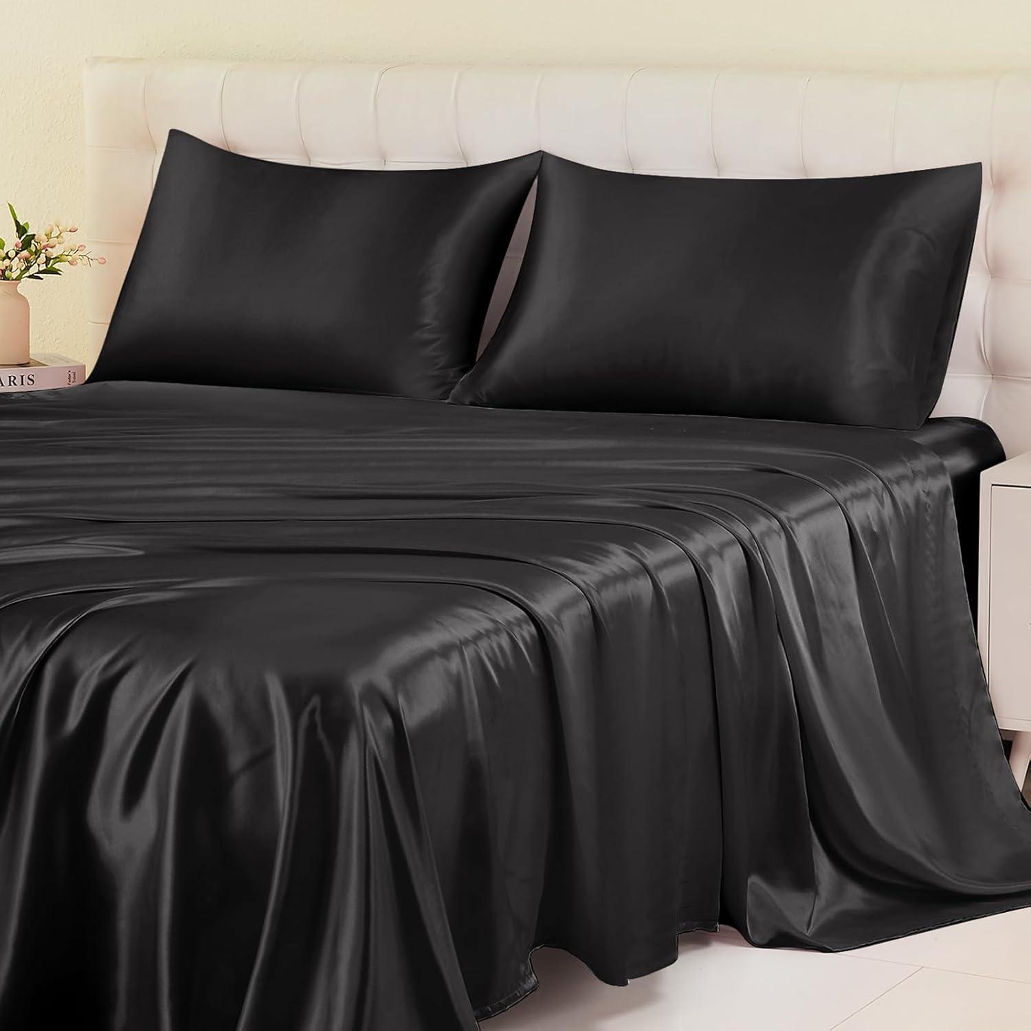INKEDZ Satin Bed Sheets, Queen Size Sheets Set, 4 Pcs Silky Bedding Set with 15 Inches Deep Pocket for Mattress (Queen, Black)
