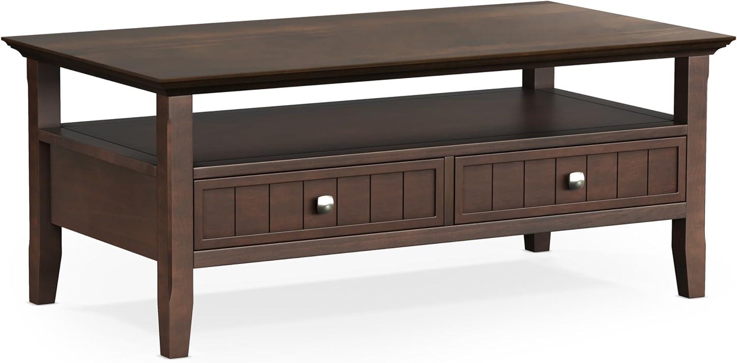 Simpli Home Acadian SOLID WOOD 48 inch Wide Rectangle Transitional Coffee Table with Drawer in Brunette Brown