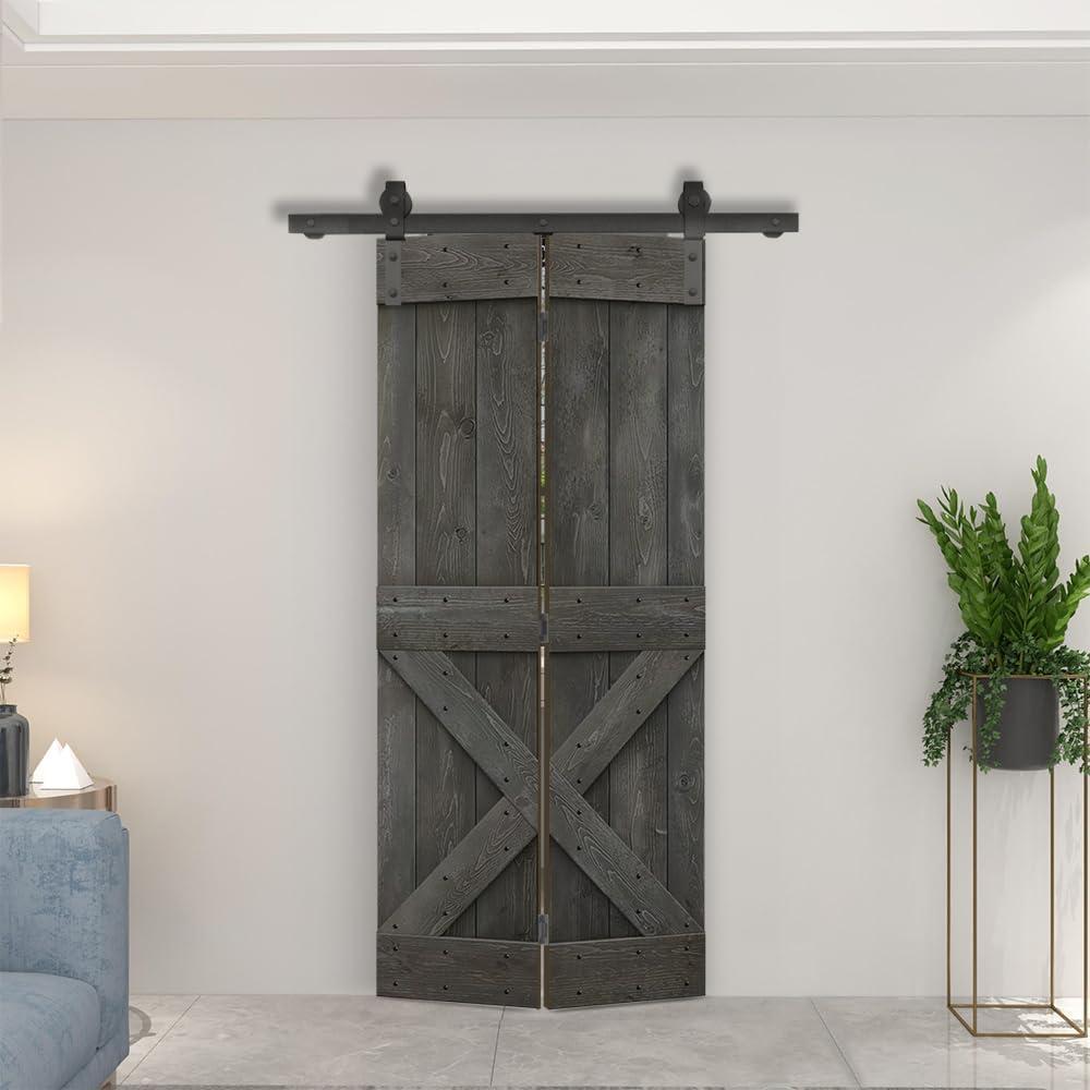 36 in. x 84 in. Mini X Series Carbon Gray Stained DIY Wood Bi-Fold Barn Door with Sliding Hardware Kit