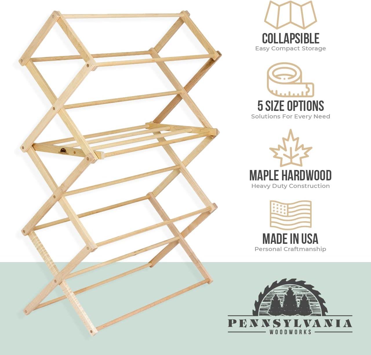 Pennsylvania Woodworks Medium Wooden Clothes Drying Rack (Made in the USA) Heavy Duty 100% Hardwood