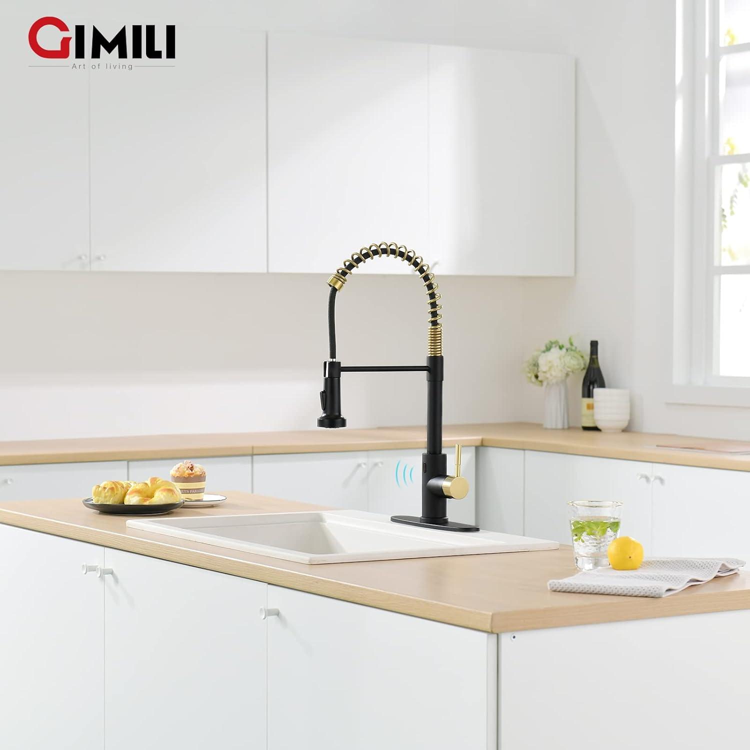 GIMILI Black and Gold Touchless Kitchen Faucet with Pull Down Sprayer Motion Sensor Smart Hands-Free Activated Single Hole Spring Faucet for Kitchen Sink