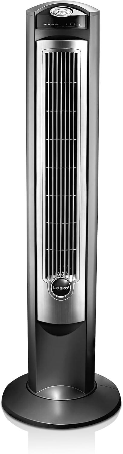 Lasko Wind Curve 42” 3-Speed Remote Controlled Oscillating Tower Fan, Silver, T42951 New