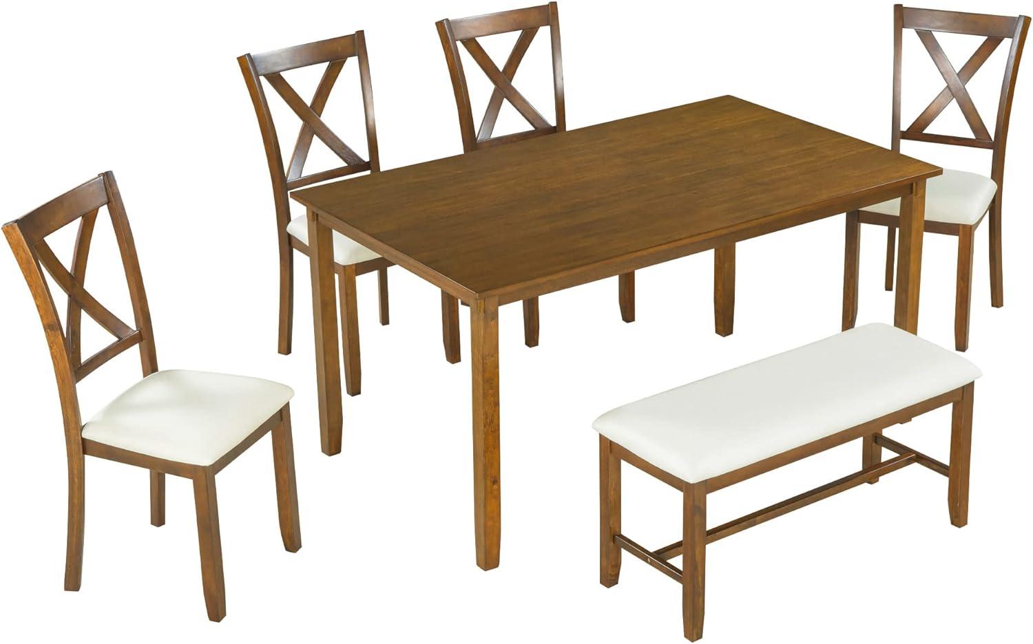 Dining Table Set for 6, 6 Piece Wood Kitchen Table Set, Dining Table and Chairs Set, Home Furniture Table Set with Chairs & Bench, Natural Wood Wash