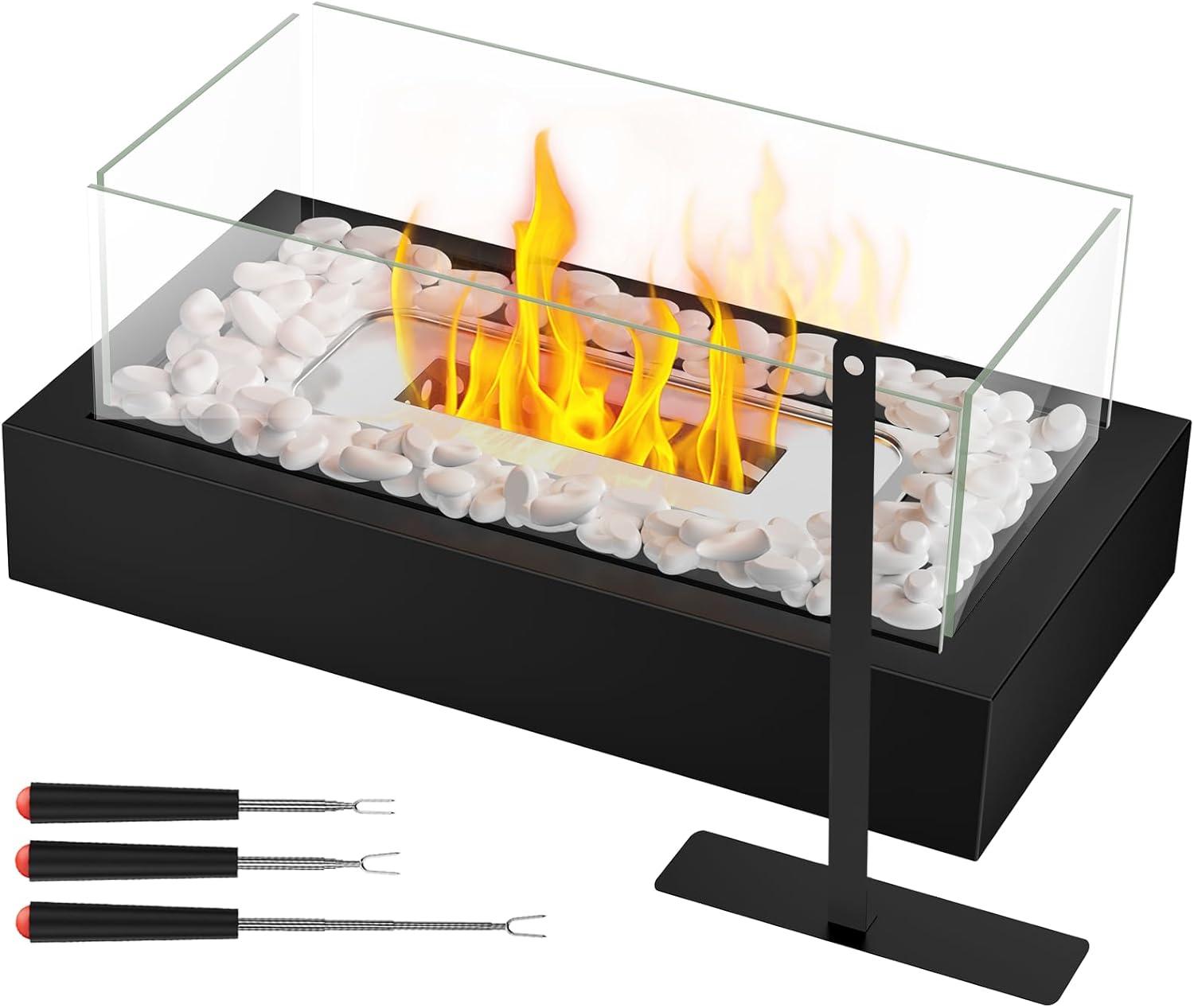 Black Steel Tabletop Fire Pit with Glass Panels