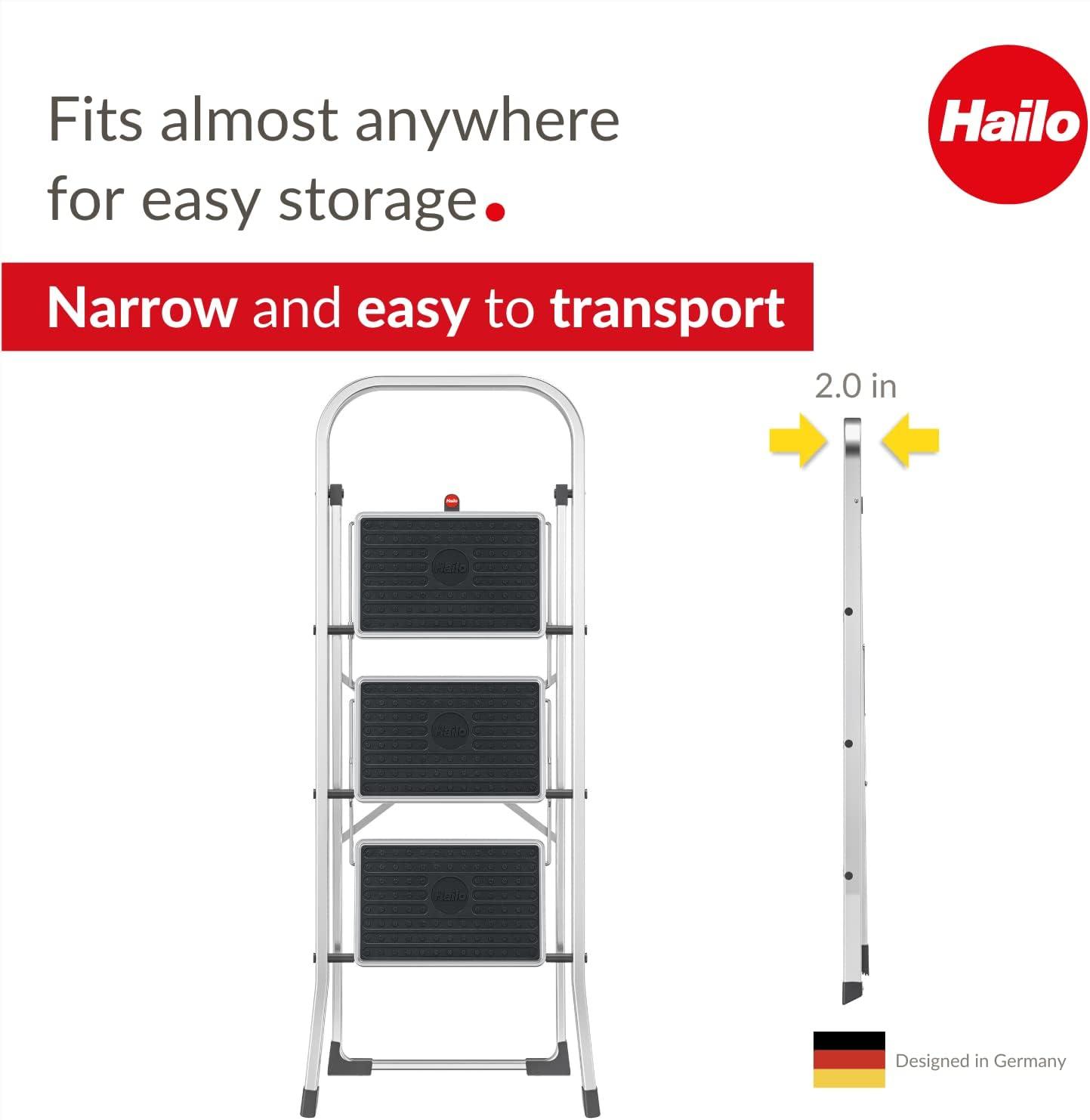 Hailo USA Inc. Hailo Folding Step Stool, Non-Slip 3 Step Ladder for Home & Kitchen, K70, Silver