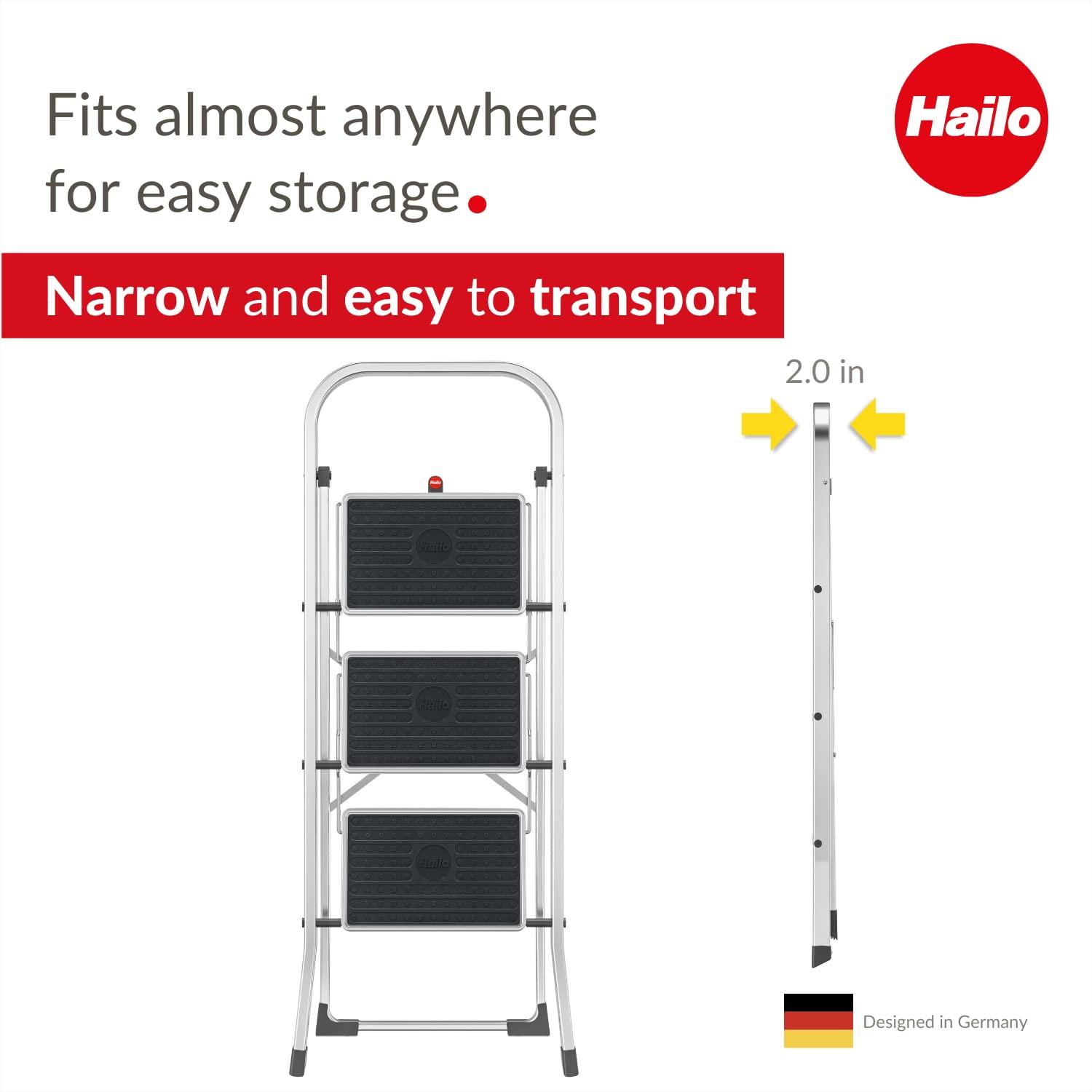 Hailo USA Inc. Hailo Folding Step Stool, Non-Slip 3 Step Ladder for Home & Kitchen, K70, Silver