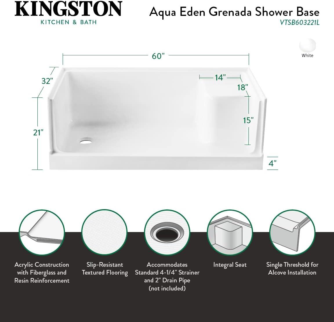 Kingston Brass Grenada 60-Inch x 32-Inch Anti-Skid Acrylic Shower Base with Integral Seat