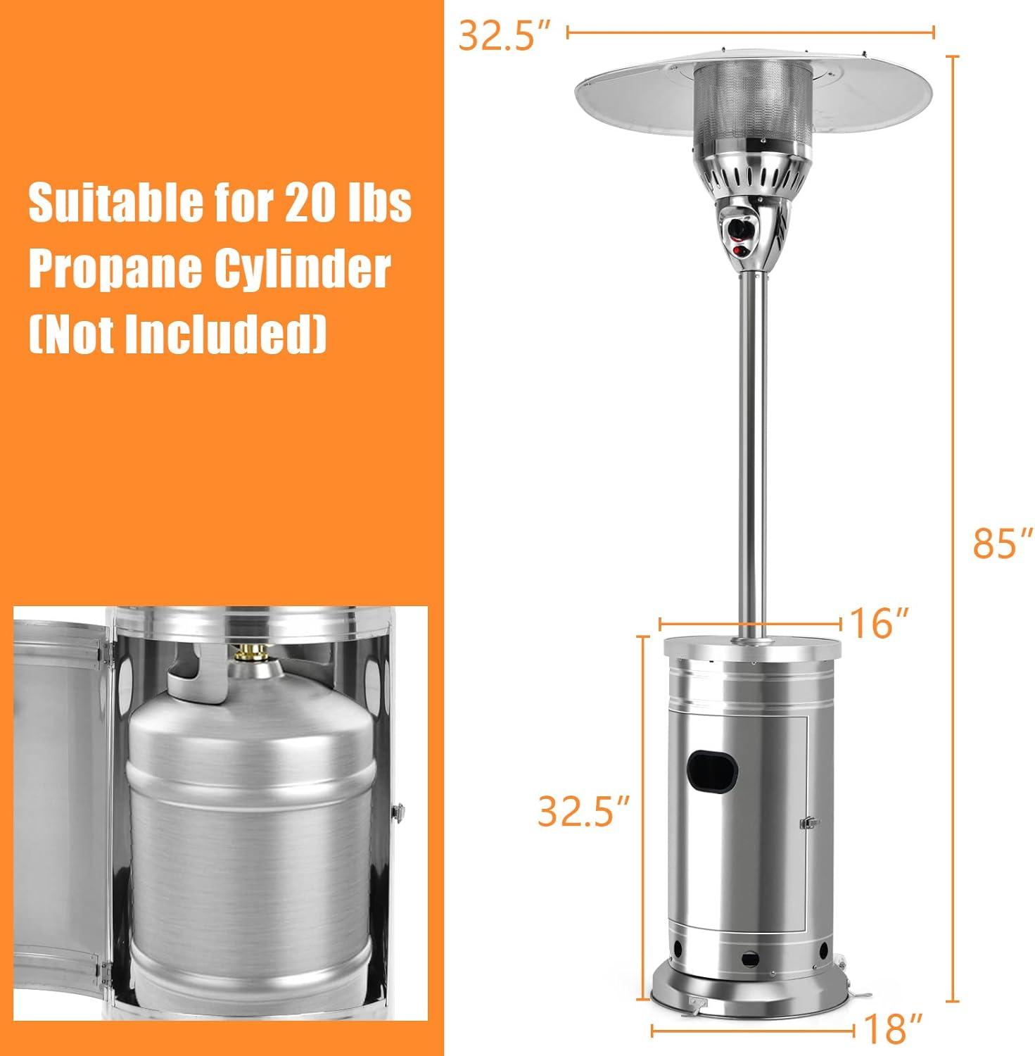 Stainless Steel 48,000 BTU Propane Outdoor Patio Heater with Drink Shelf