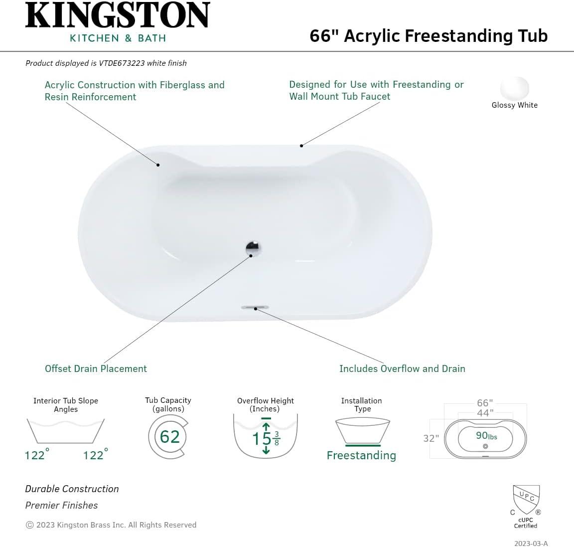 Kingston Brass Kingston Brass Aqua Eden 66-5/16-Inch Acrylic Oval Double Ended Freestanding Tub with Drain VTDE673223