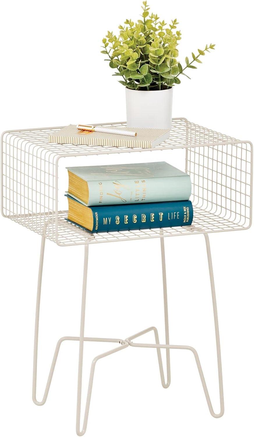 mDesign Modern Industrial Side Table with Storage Shelf, 2-Tier Metal Minimal End Table, Metallic Caged Grid - Accent Furniture for Living Room, Bedroom, Office, Dorm, Concerto Collection, Cream/Beige