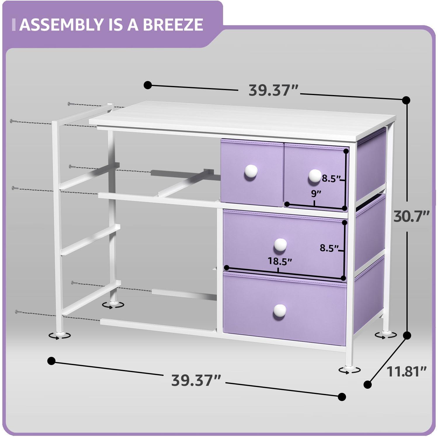 Drawer Purple Dresser Steel Frame Wood Top Easy Pull Fabric Bins 11.81 in. L x 39.37 in. W x 30.7 in. H 8