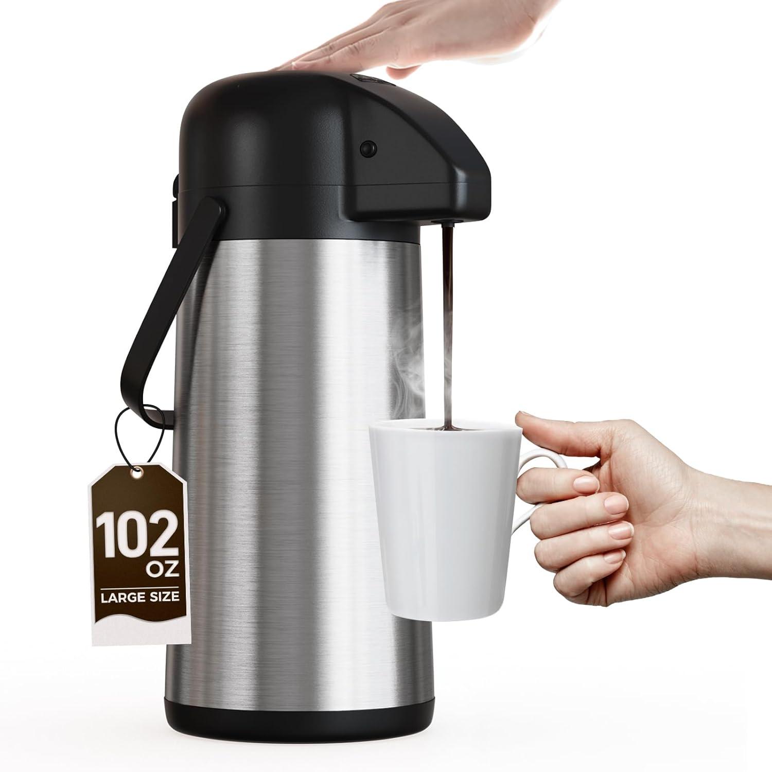 Airpot Coffee Carafe for Keeping Hot - 102 OZ/ 3L Large Coffee Dispenser with Pump - Insulated Stainless Steel Thermos Urn for Hot Drinks Water Tea Chocolate - Thermal Beverage Dispenser for Parties