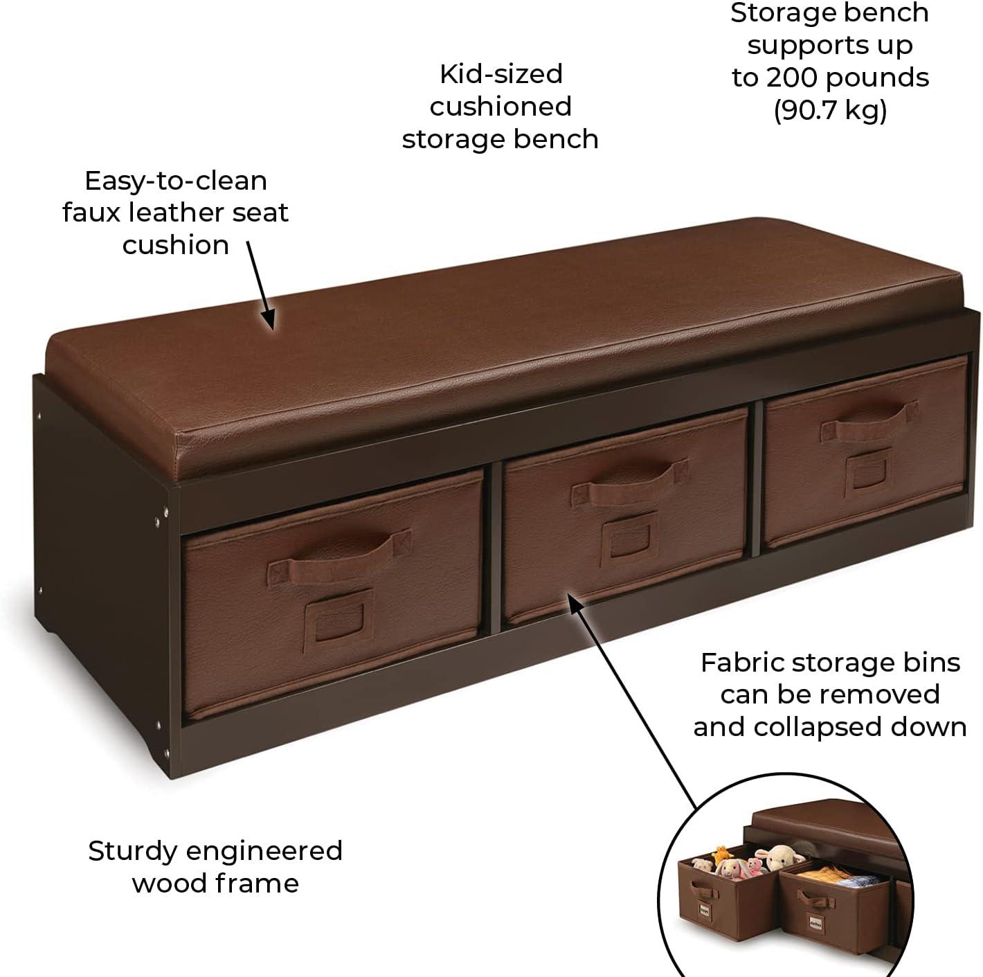 Badger Basket Kid's Storage Bench with Cushion and Three Bins - Espresso