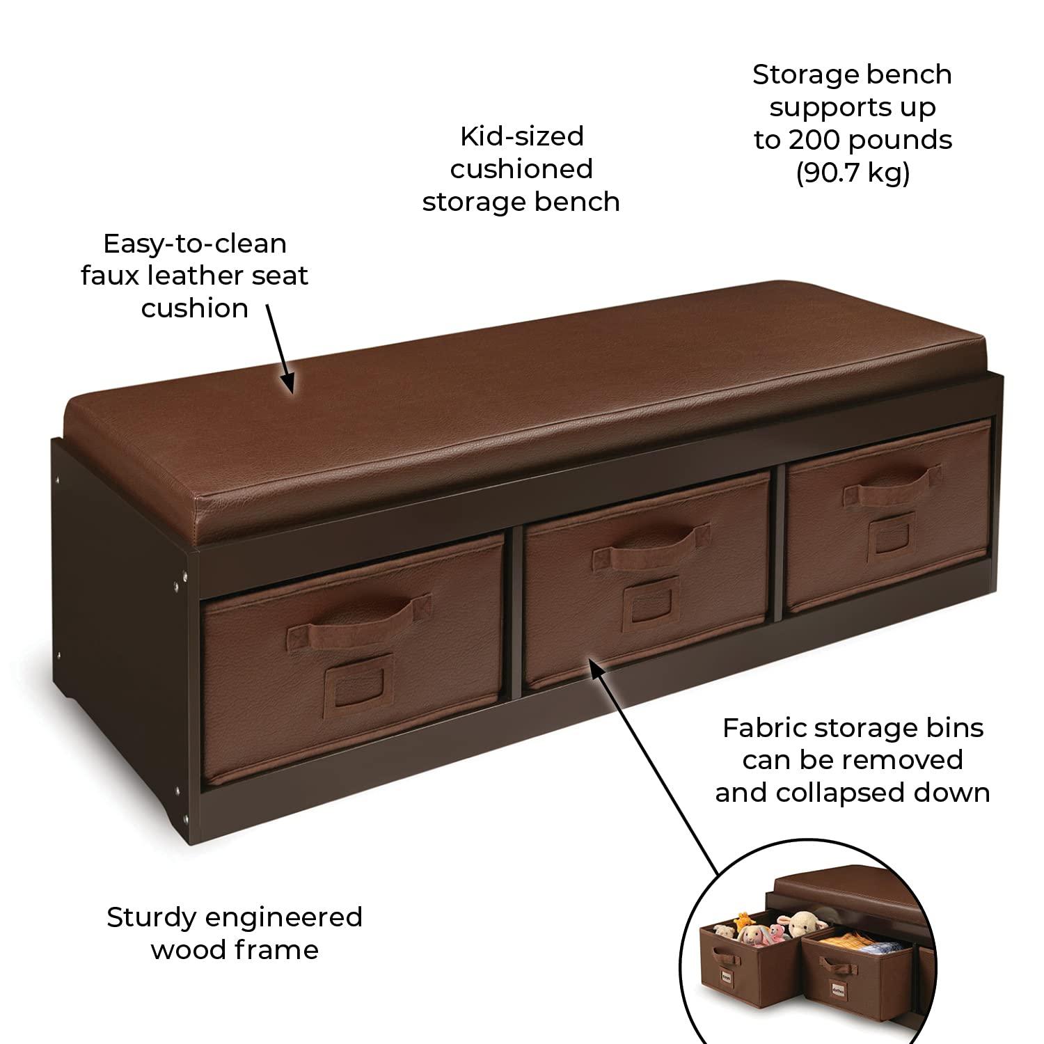 Badger Basket Kid's Storage Bench with Cushion and Three Bins - Espresso
