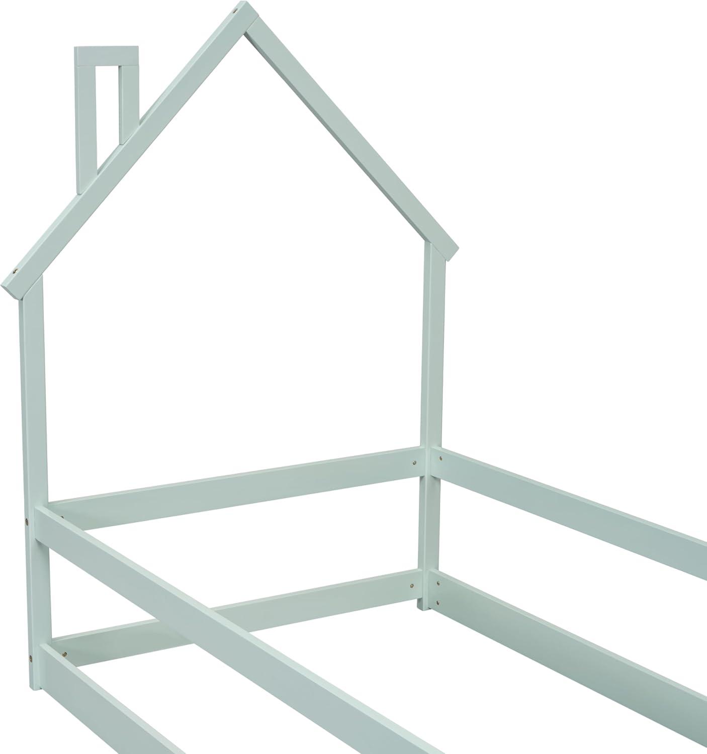 Kids Montessori Floor Bed, Twin Size Wooden Floor Bed Frame with Fences Guardrails and House Shape Headboard, Without Slats Support, Light Green