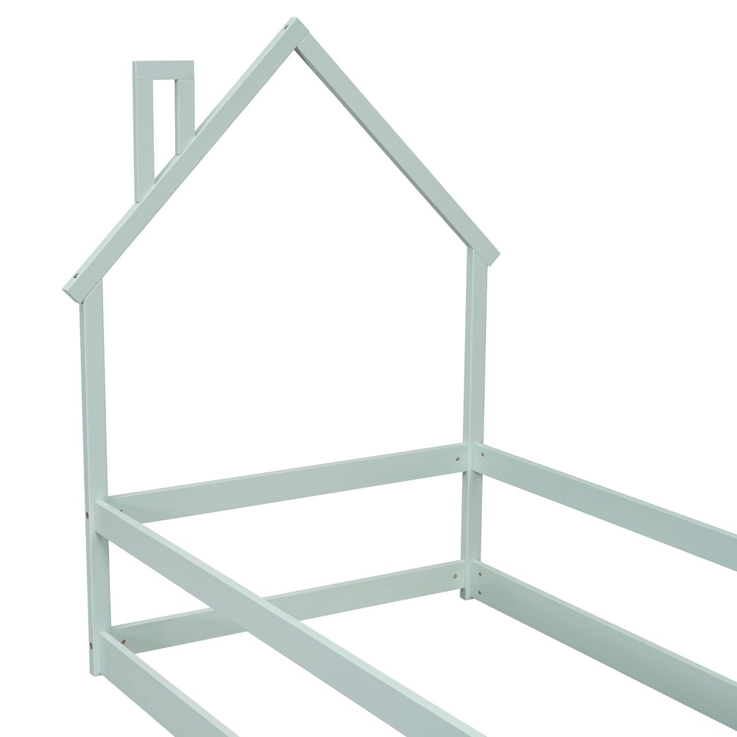 Kids Montessori Floor Bed, Twin Size Wooden Floor Bed Frame with Fences Guardrails and House Shape Headboard, Without Slats Support, Light Green