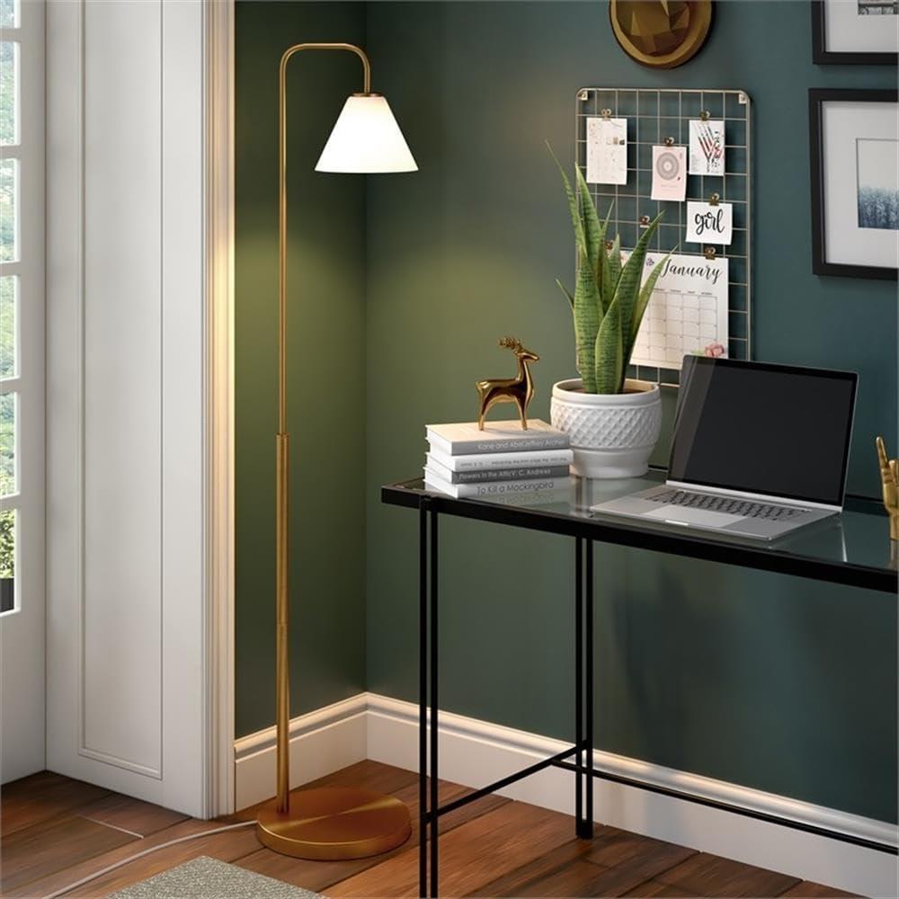 Evelyn&Zoe Henderson Arc Floor Lamp with Glass Shade, Brass/White Milk