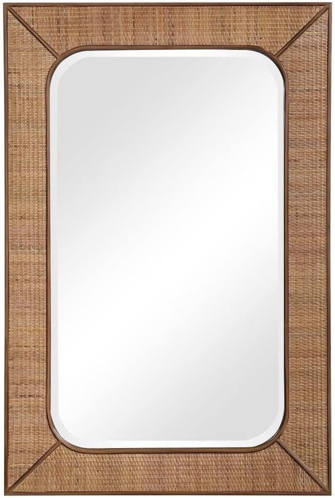 Coastal Charm Maple Stain Rattan and Wood Wall Mirror 28"x42"