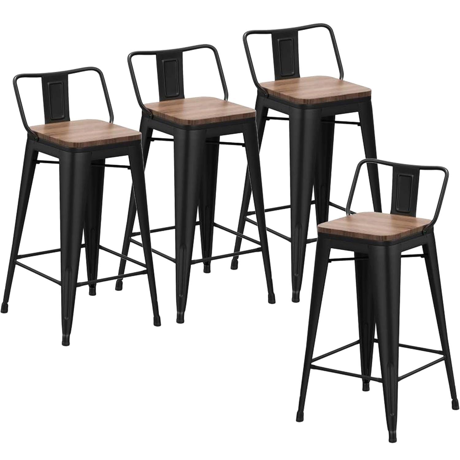 Killeryuki 24'' Metal Bar Stool 4PCS Low Back Conuter Stools for Indoor/Outdoor Barstools Metal Black Stools Bar Chairs w/Wooden Seat Metal Leg Industrial Counter Height Stools Black