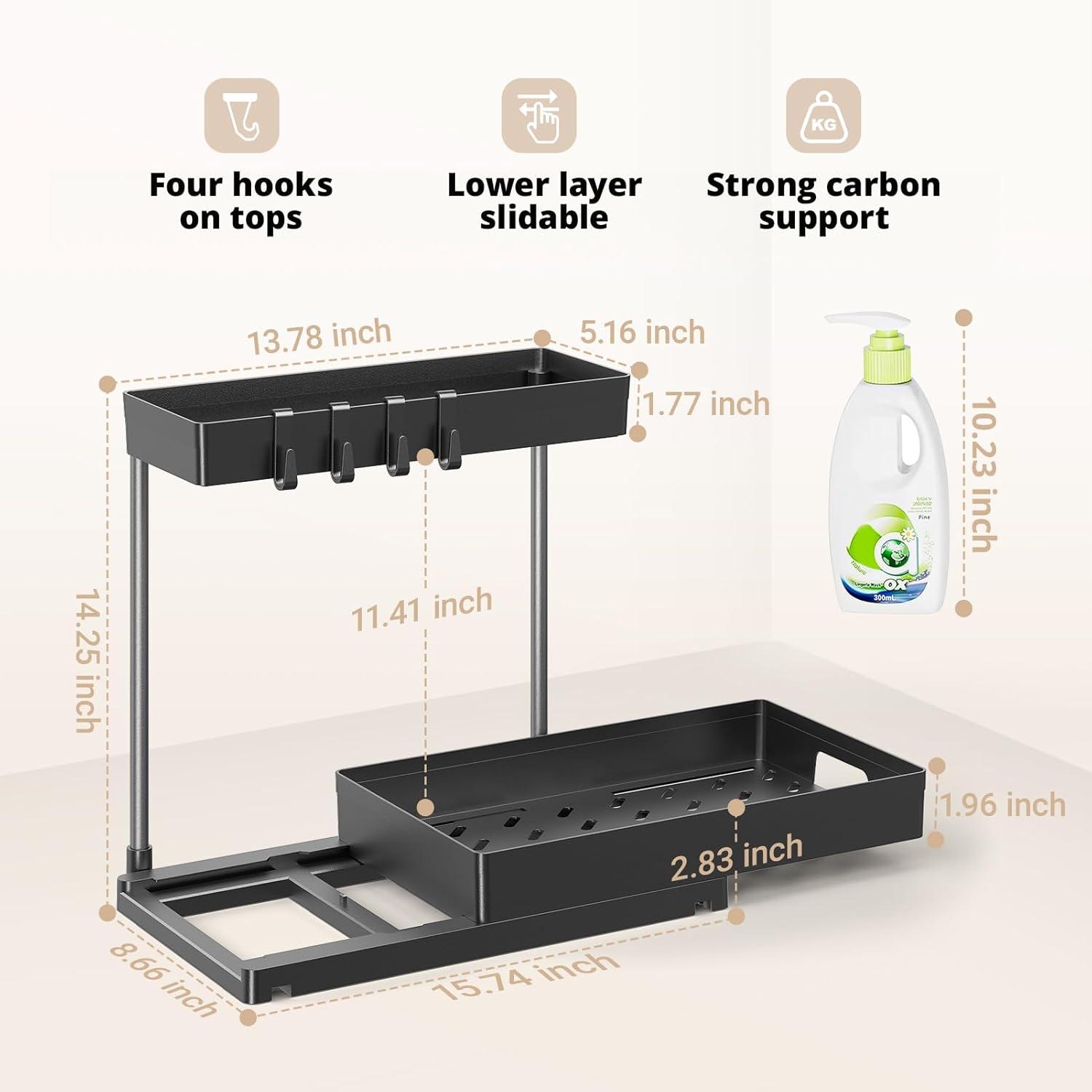 Under Sink Organizers and Storage, 2 Pack Pull Out Kitchen Bathroom Cabinet Organizer, 2 Tier Black Under Sink Storage for Bathroom Kitchen, Under Counter Storage Organizer with 8 Hooks