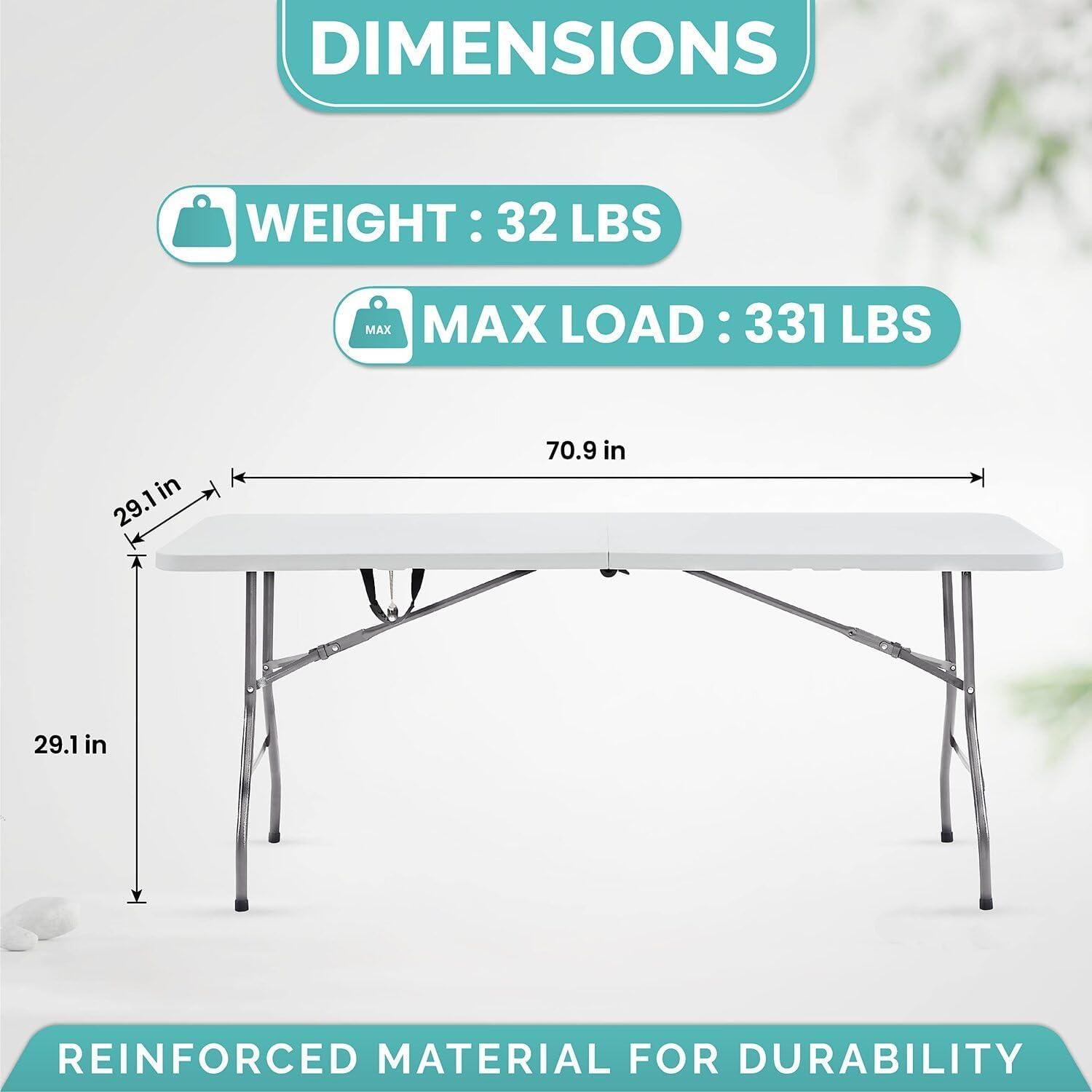 6ft Folding Table Multipurpose Foldable Dinner Table Portable Folding Rectangular Resin Table for Outdoor Camping Picnic Party by Naomi Home - White