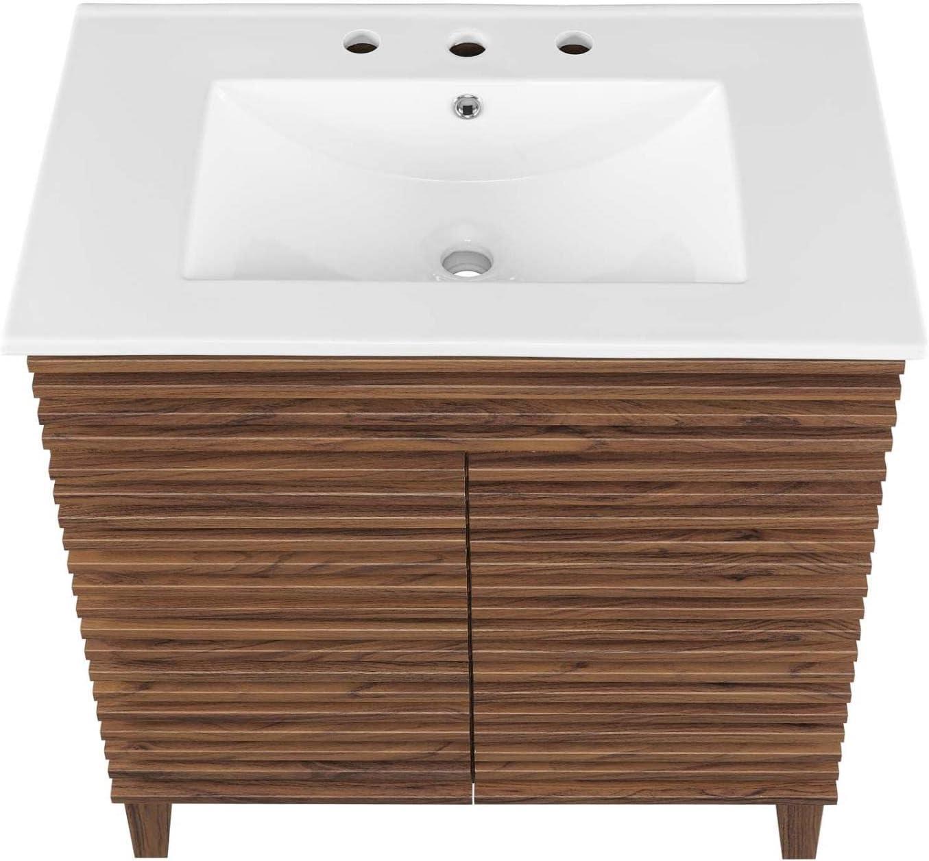 Mid-Century Modern 30" Walnut White Vanity Cabinet with Ceramic Basin