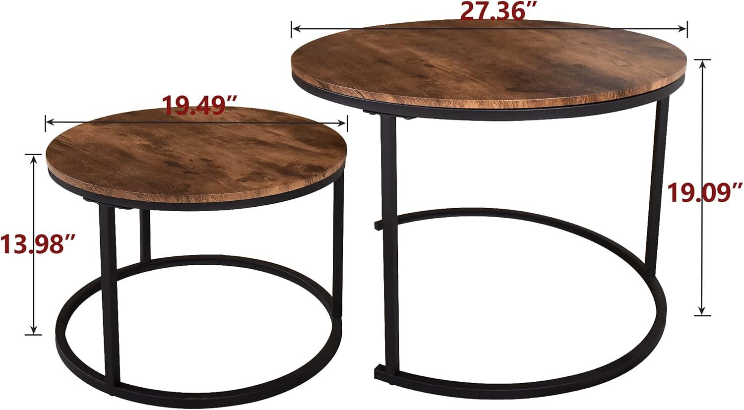 Industrial Round Coffee Table Set with Black Metal Frame and Rustic Brown Wood Look