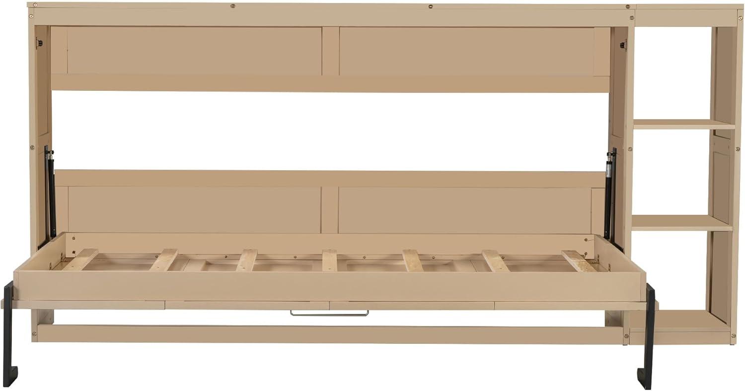 SOFTSEA Modern Murphy Bed Cabinet Bed with Bookshelf, Twin Size Foldable Platform Bed Frame with Storage Racks, for Home Guest Room Small Room, Natural