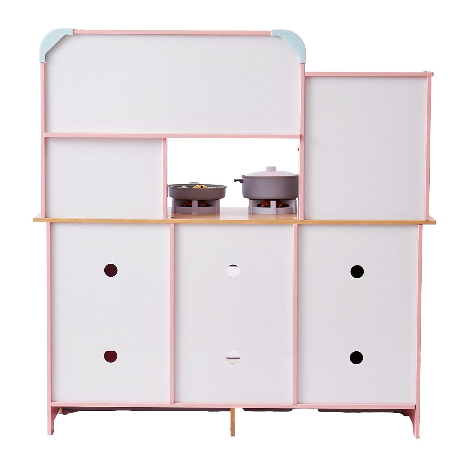 VEVOR Play Kitchen for Kids, Wooden Toy Kitchen Set with Lights and Sounds, Toddler Kitchen with Ice Maker, Oven, Sink, Microwaves, Fridge and Utensil and Fruit Accessory for Toddlers ages 3-8, Pink