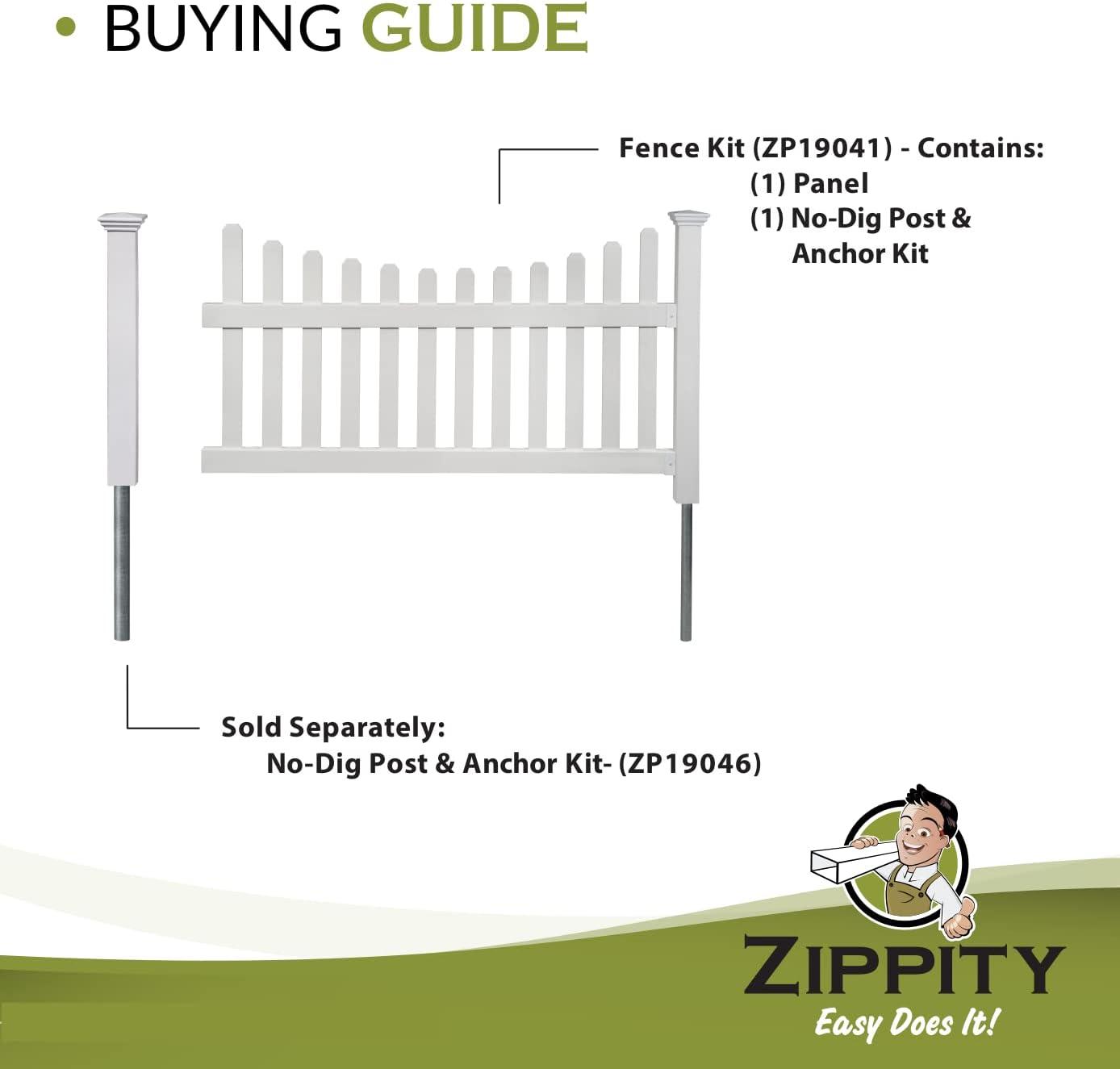 3.5ft H x 6ft W (1 Panel + 1 Post) No Dig Zippity All American Fence Kit, White Vinyl Picket Fence, Easy Install Outdoor Fence for Backyard or Patio, DIY Decorative Fencing, ZP19041