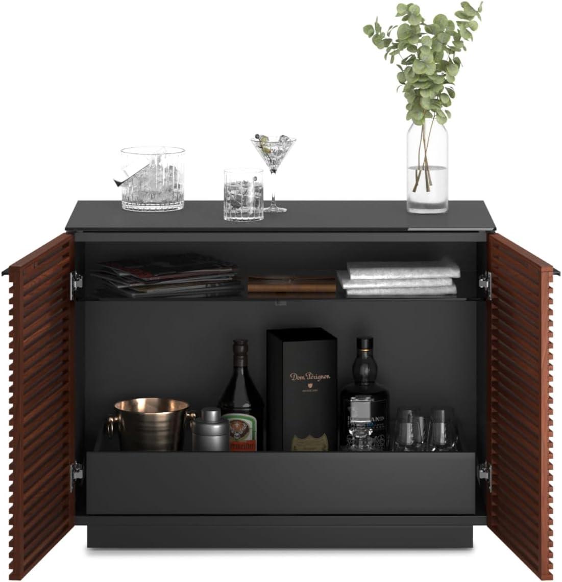 Chocolate Stained Walnut Adjustable Shelving Cabinet with Satin-Etched Glass