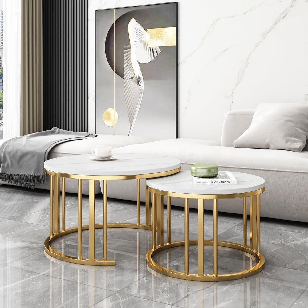 Round Nesting Coffee Table, Set of 2 Modern Coffee Table with Faux Marble Top, Gold Metal Frame White Nesting Table for Living Room, Apartment, Office (White + Gold)