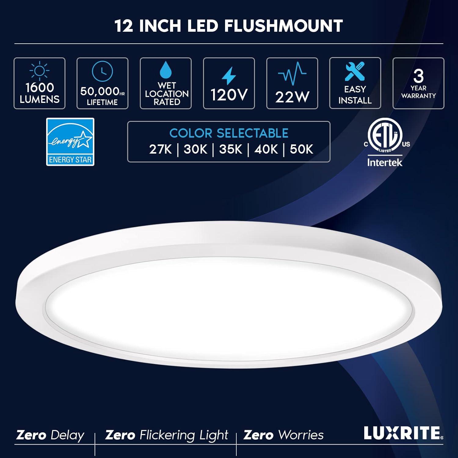 Luxrite 12 Inch Round LED Flush Mount, 22W, 5CCT, 1600 Lumens, IP54 Wet Rated, Dimmable, ETL Listed