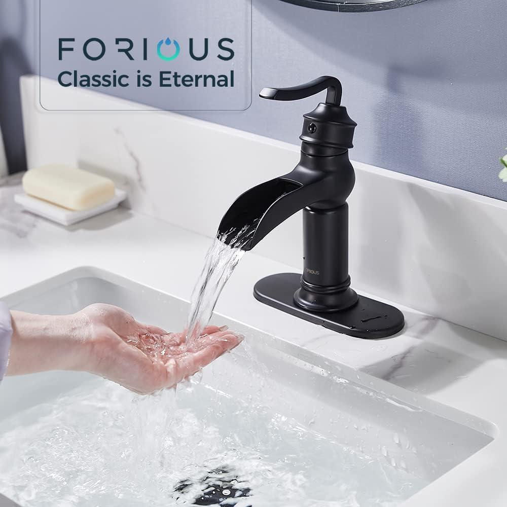 FORIOUS Black Waterfall Bathroom Faucet, Single Handle Antique Bathroom Sink Faucet with Deck Plate, Lead-Free CUPC Hose and Metal Pop-up Drain for 1 Hole or 3 Hole Farmhouse, Lavatory, Vanity