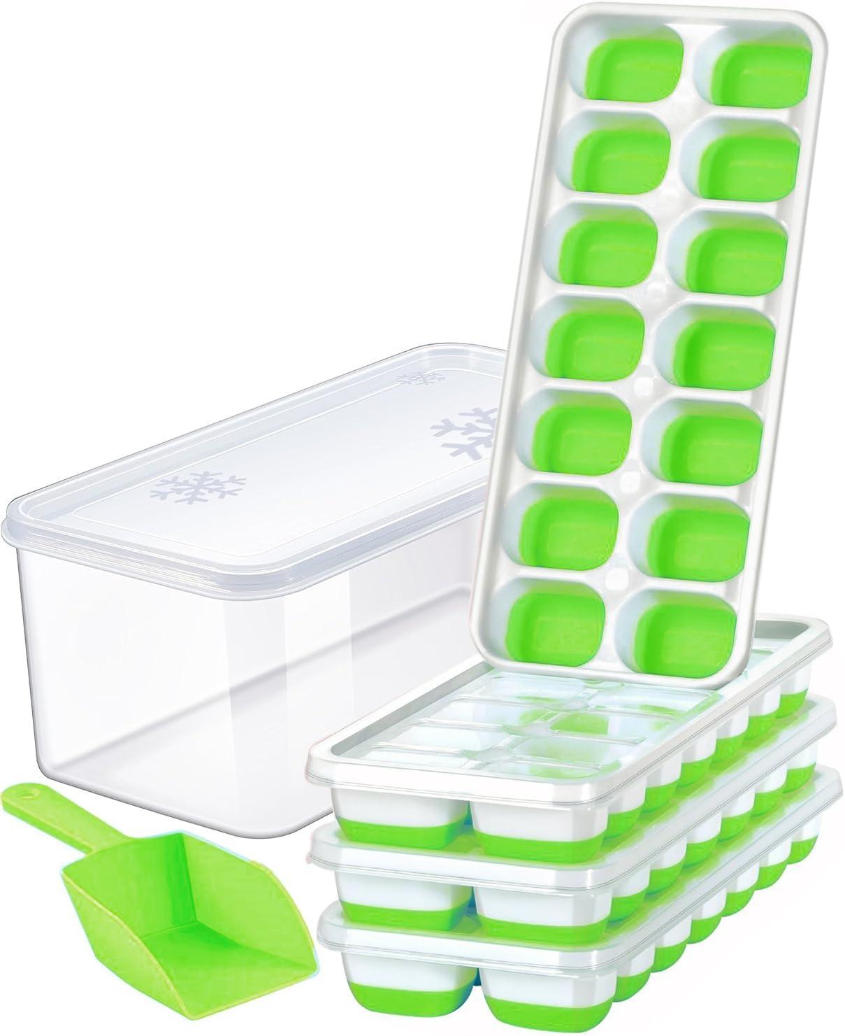 SDJMa Ice Cube Trays 4 Pack, Easy-Release Silicone Bottom 14-Ice Cube Maker with Spill-Resistant Removable Lid, BPA Free, for Cocktail, Freezer, Stackable Ice Trays with Covers