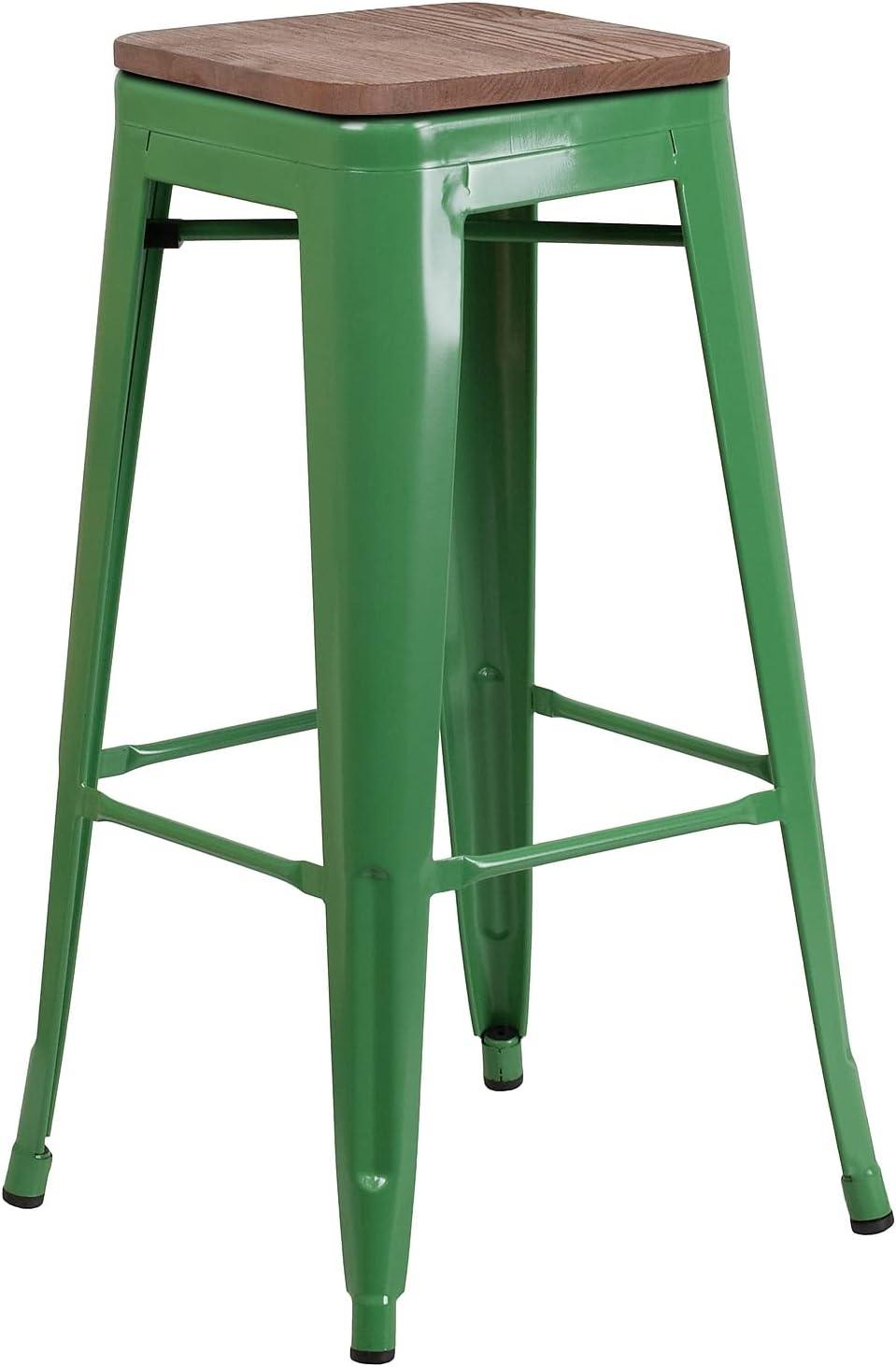 Flash Furniture Margherite 30" High Backless Metal Barstool with Square Wood Seat