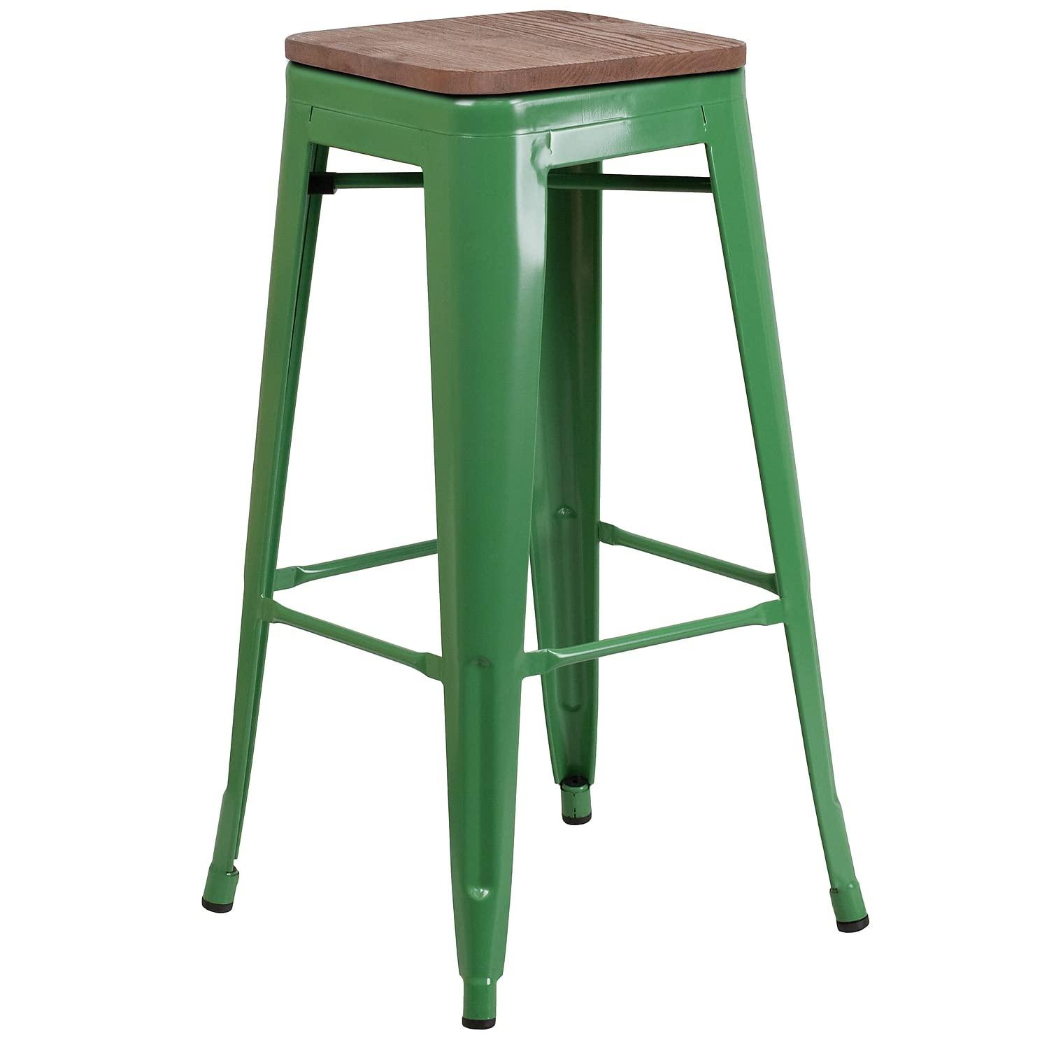 Flash Furniture Margherite 30" High Backless Metal Barstool with Square Wood Seat