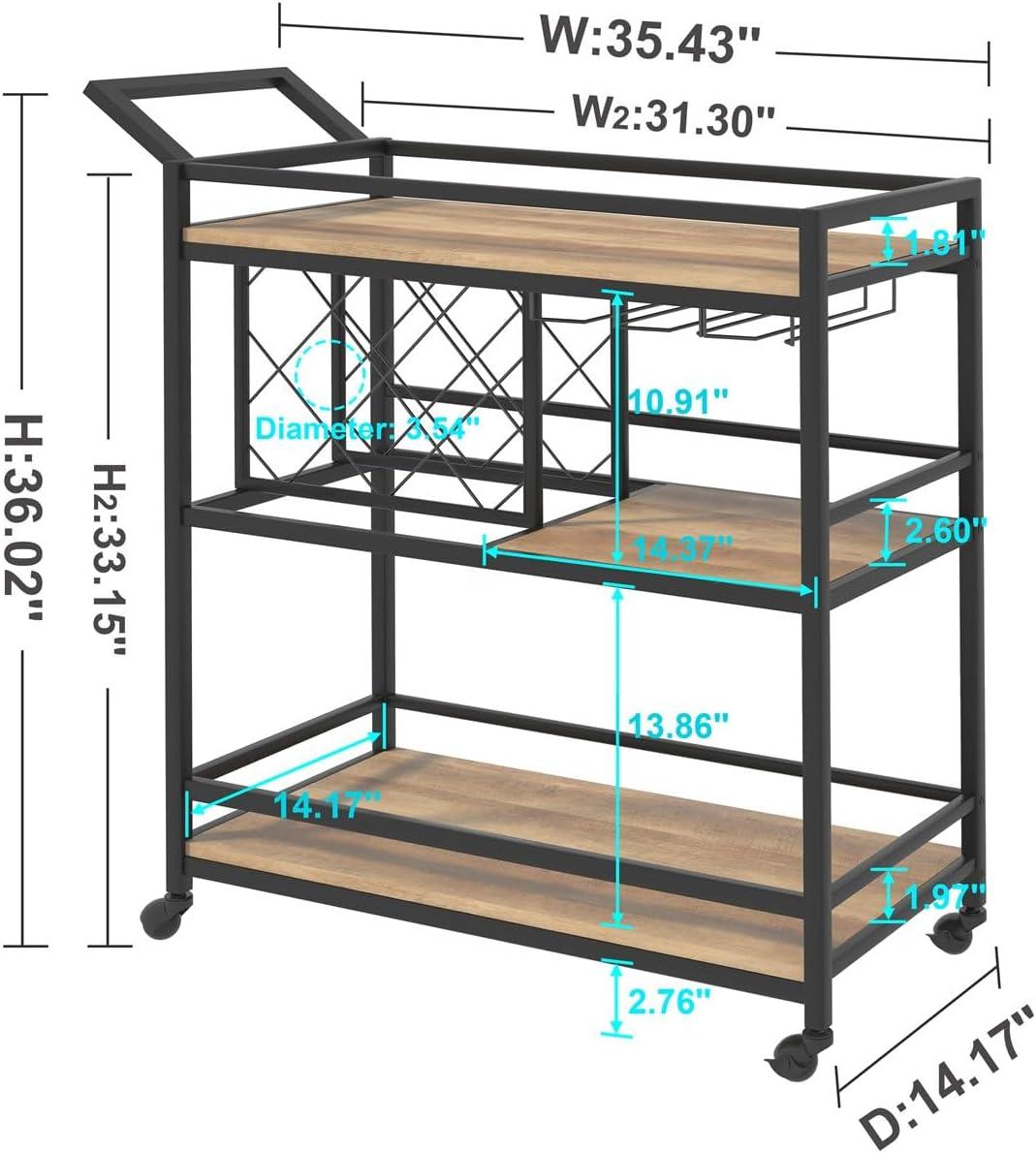 17 Stories Bar Cart For The Home, Rolling Wine Carts On Wheels With 3 Tier Wood Shelves, Liquor Beverage Cart With Wine Rack And Glass Holder