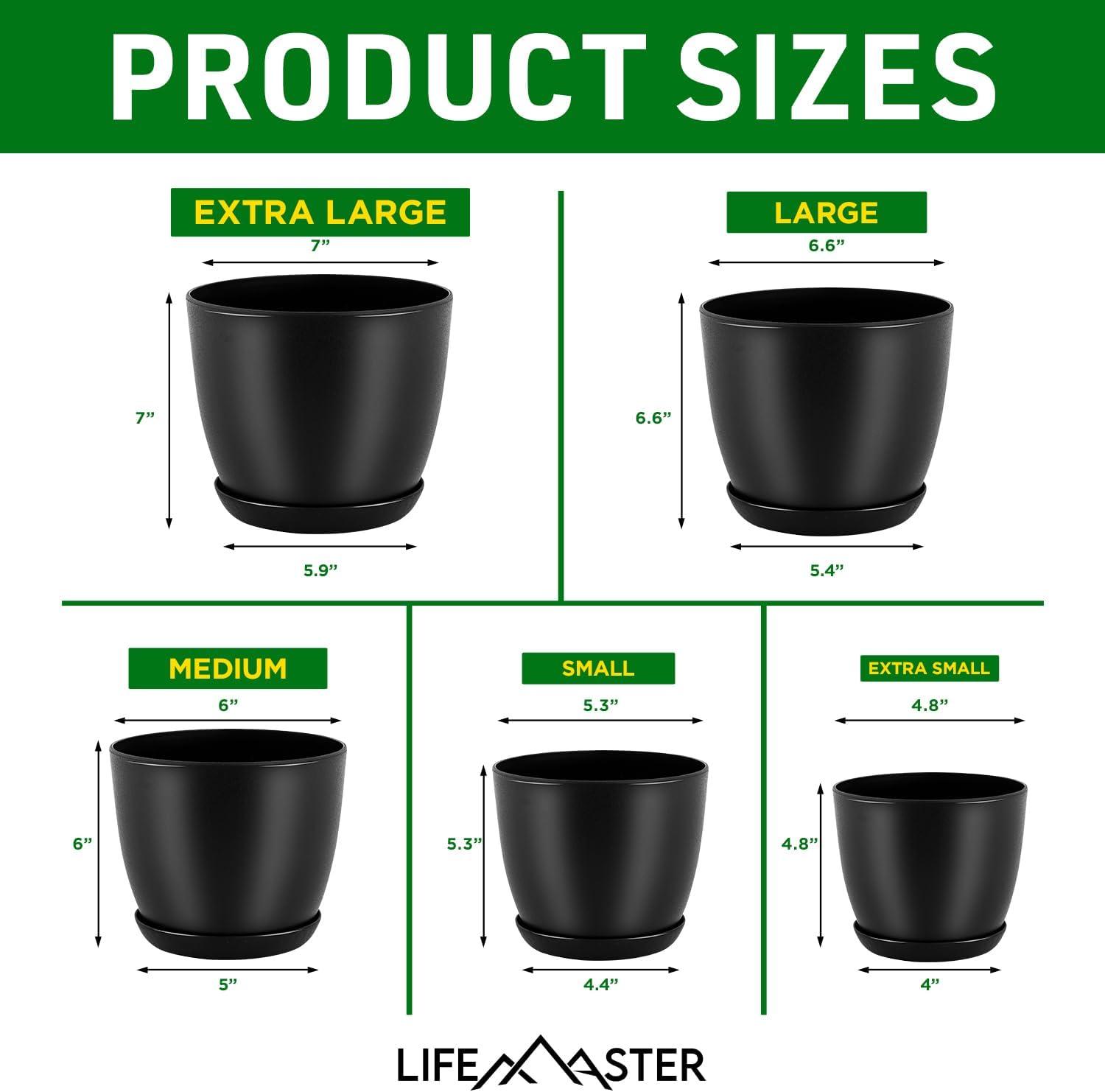 Lifemaster Plant Pots with Drainage - Sturdy Plastic, Stackable Design for Indoor and Outdoor Gardening - Pack of 5