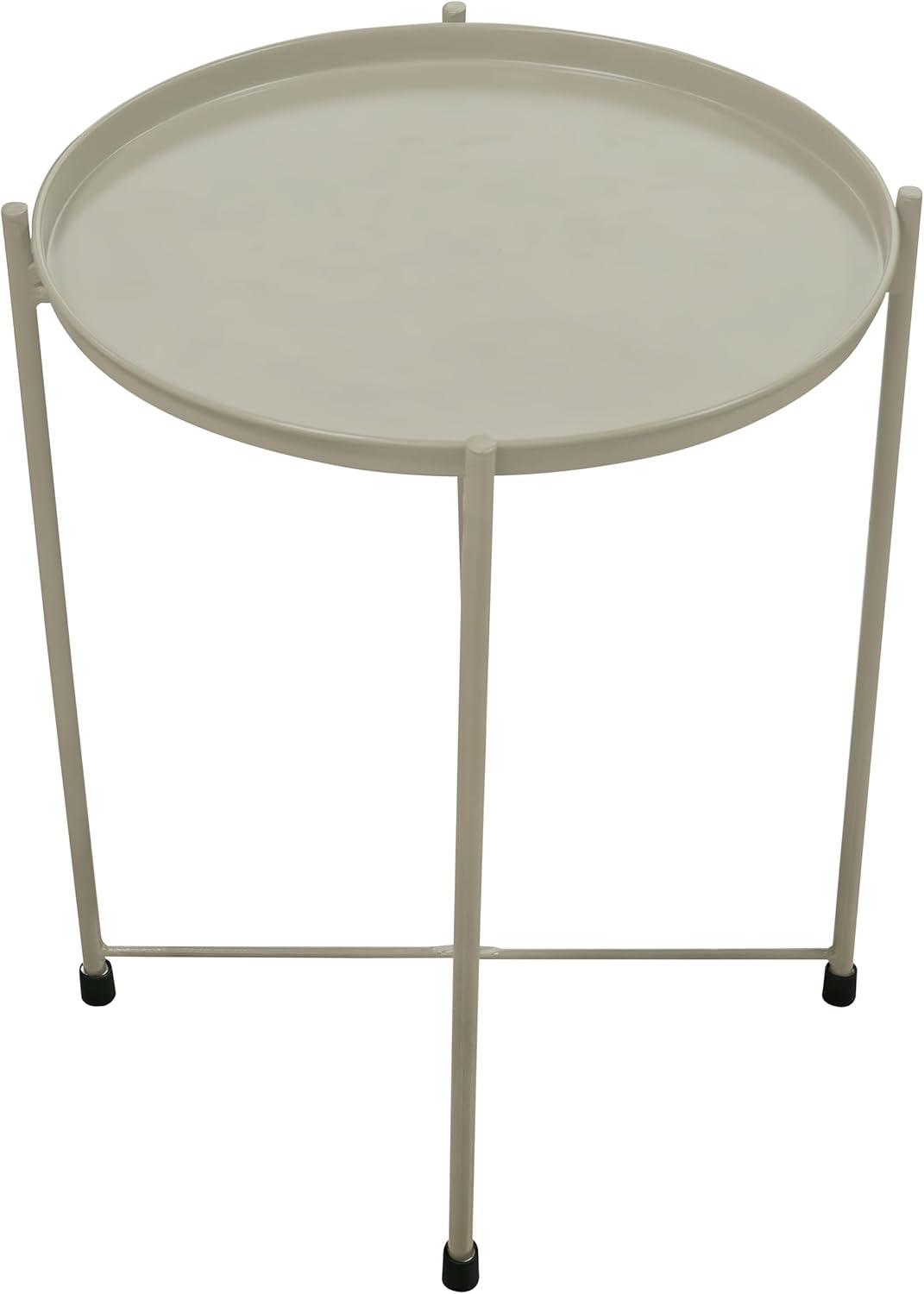 18 in. Modern Round Metal Tray Top Foldable Legs Side End Table, Beige