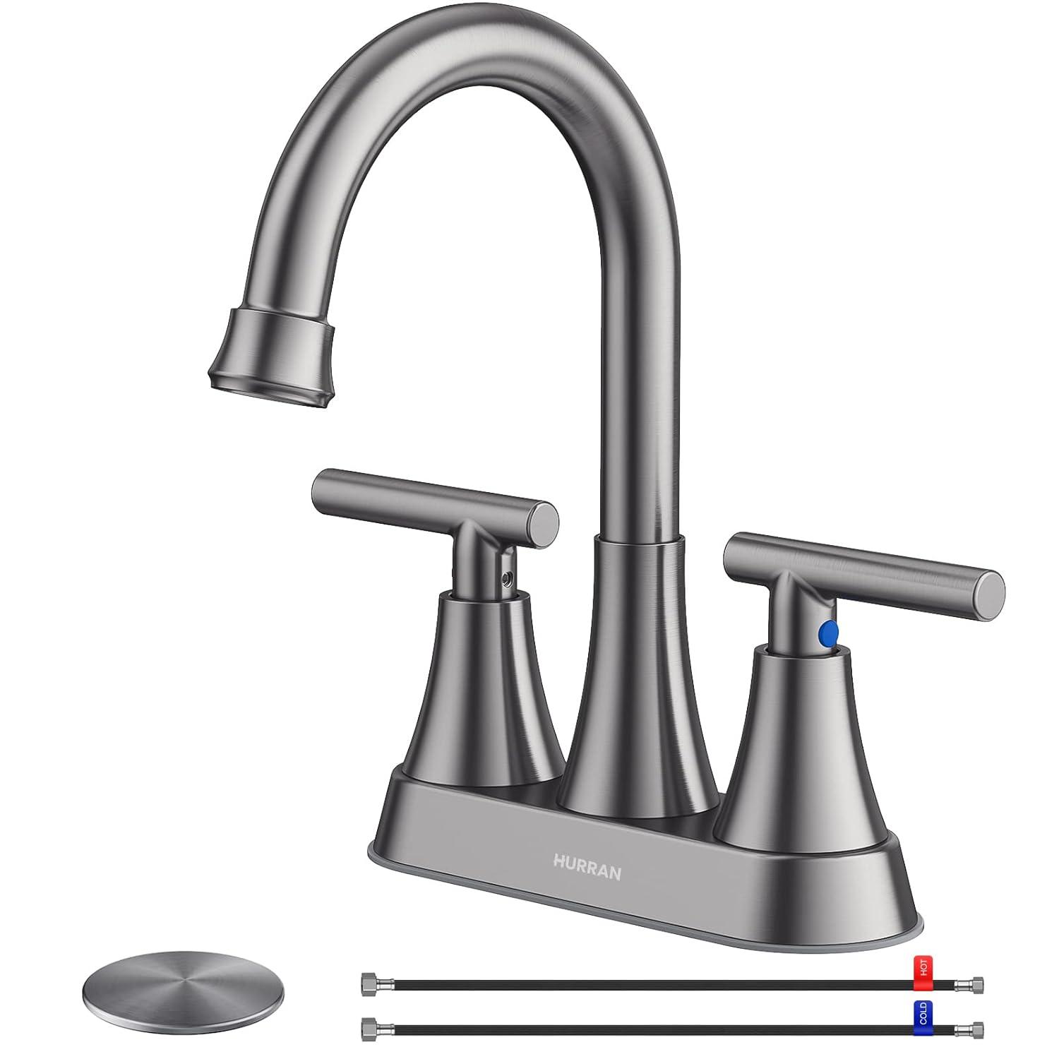 4 Inch Bathroom Faucets for Sink 3 Hole, Faucet for Bathroom Sink with Pop-up Drain & Supply Hoses, 2-Handle 360 Swivel Spout Stainless Steel Lead-Free, Centerset Faucet for Vanity Lavatory