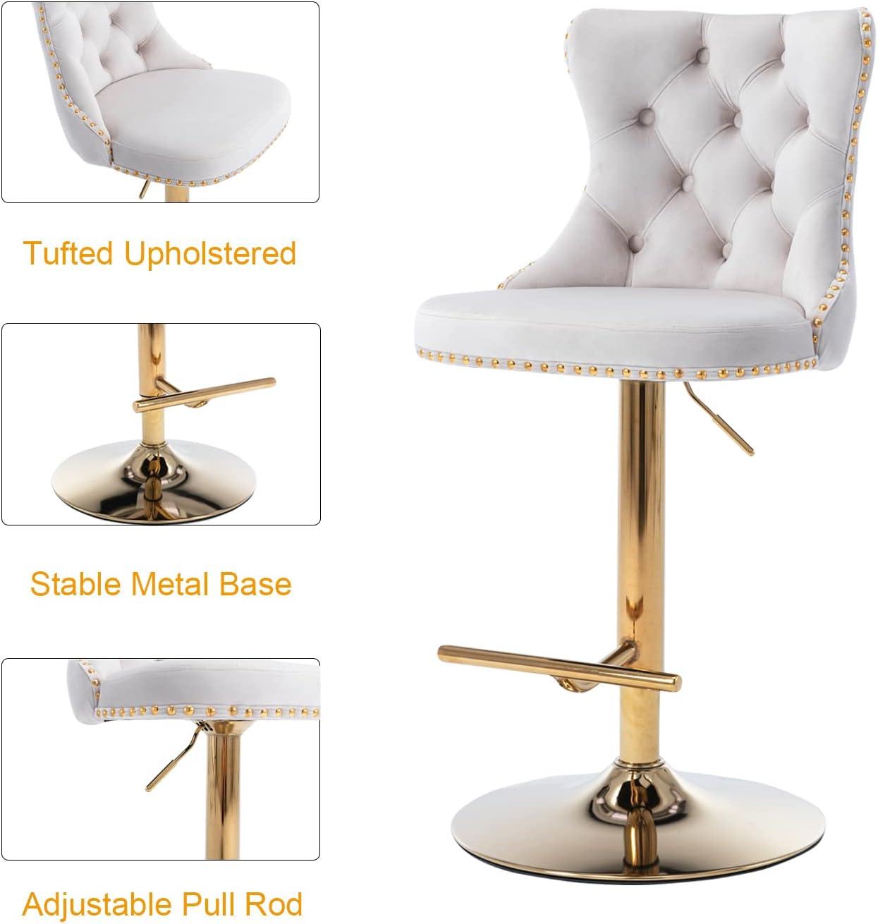 Bar Stools Set of 2, Swivel Barstools with Nailheads Trim, Velvet Button Tufted Back and Golden Footrest, Adjustable Counter Height Bar Stools for Kitchen Counter,Home Bar,Pub, Beige