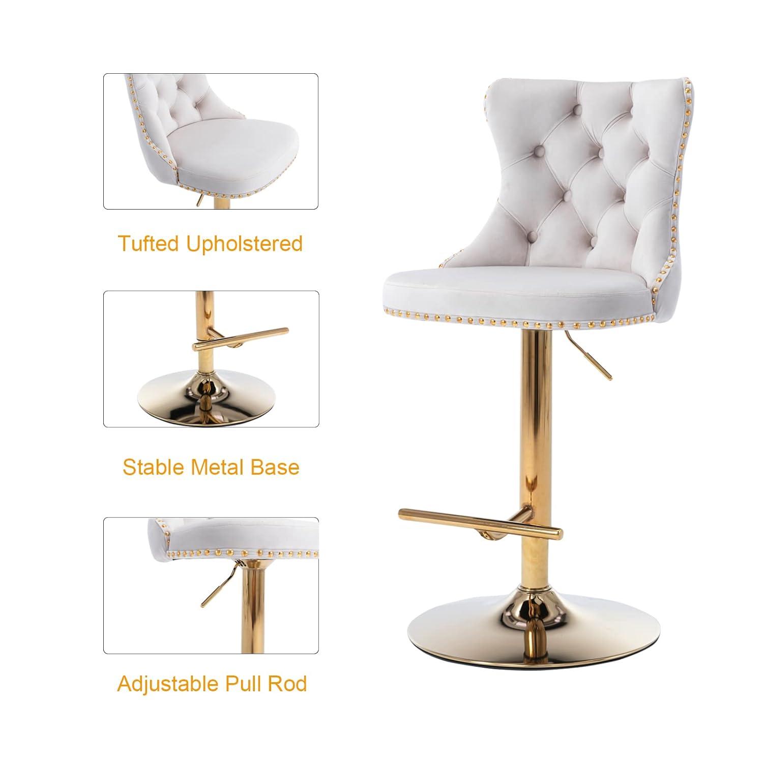 Bar Stools Set of 2, Swivel Barstools with Nailheads Trim, Velvet Button Tufted Back and Golden Footrest, Adjustable Counter Height Bar Stools for Kitchen Counter,Home Bar,Pub, Beige