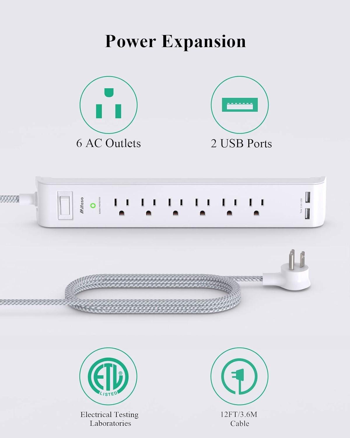 2 Pack Power Strip - 12FT Long Extension Cord, Surge Protector with 6 Outlets and 2 USB Charging Ports, Flat Plug Overload Protection, (1625W/13A/900J), Wall Mount for Home Office and Dorm, ETL Liste