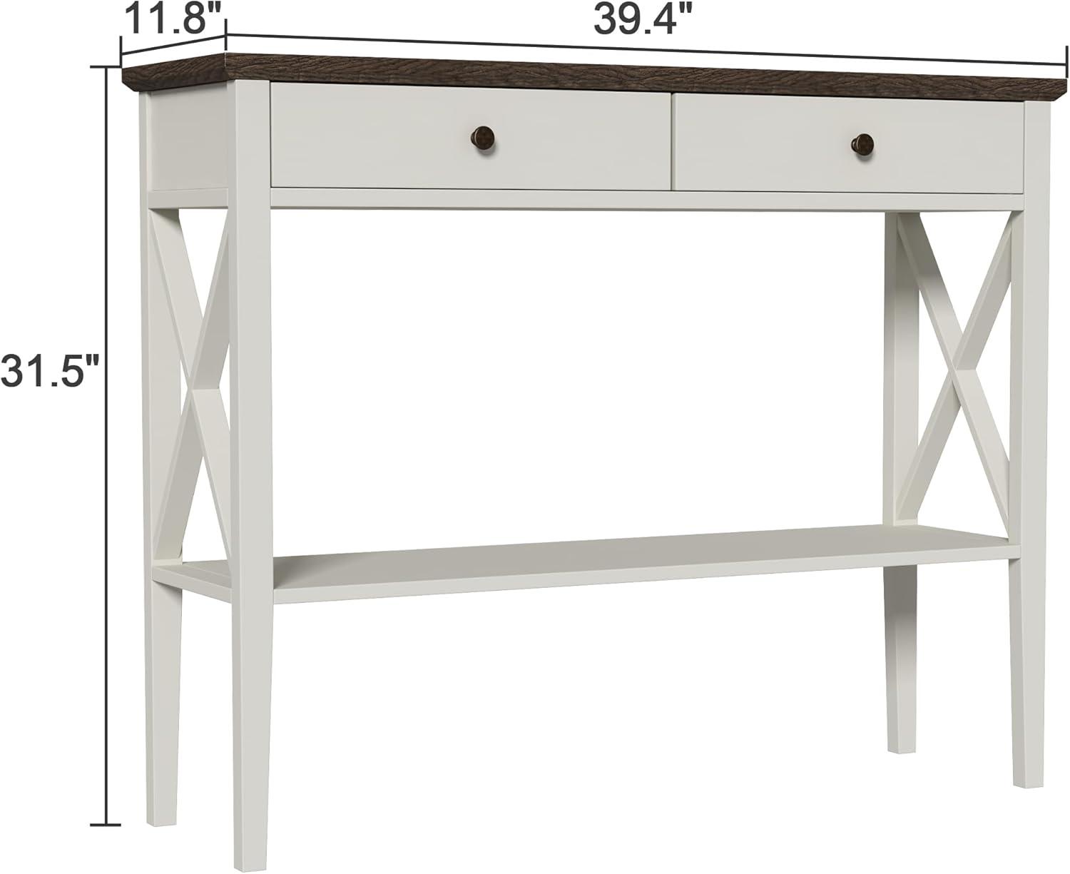 White and Dark Brown Rectangular Console Table with Drawers and Shelf