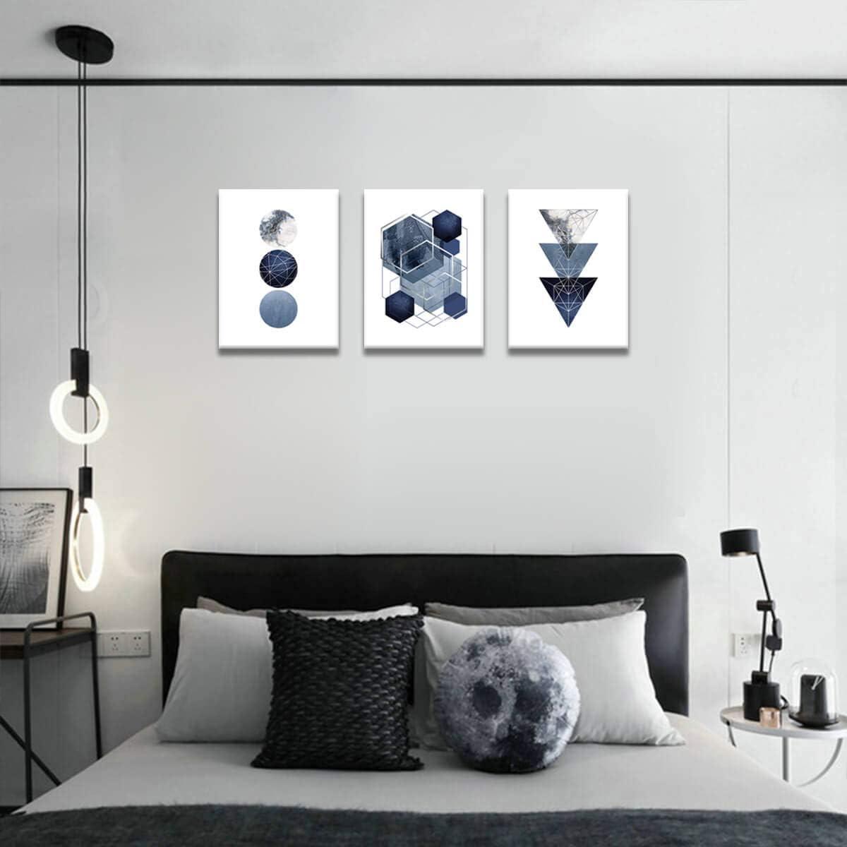 Canvas Art Wall Decor for Bedroom Modern Indigo Abstract Geometric Pattern Wall Art Navy Blue Wall Pictures for Office Bathroom Boys Room Wall Decorations Prints Artwork for Home Walls Gallery Wrapped