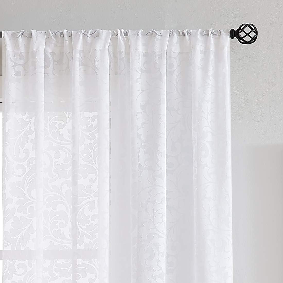 White Sheer Damask Floral Rod Pocket Curtain Panels