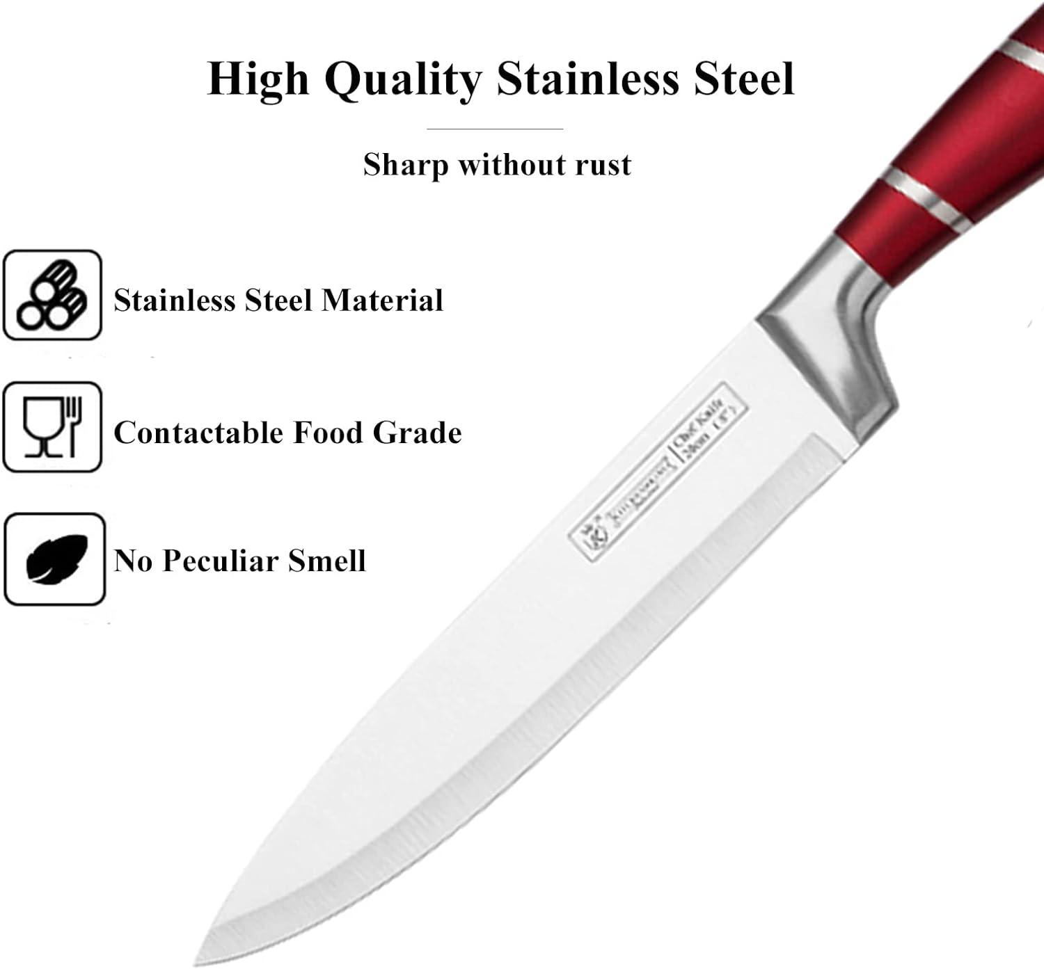 Kitchen Knife Set, 9-Pieces Red Coated Knife Block Set, Stainless Steel Chef knife Set with Sharpener Peeler Scissors, Sharp Non-Stick Knives Set with Rotatable Holder for Cutting Slicing Dicing