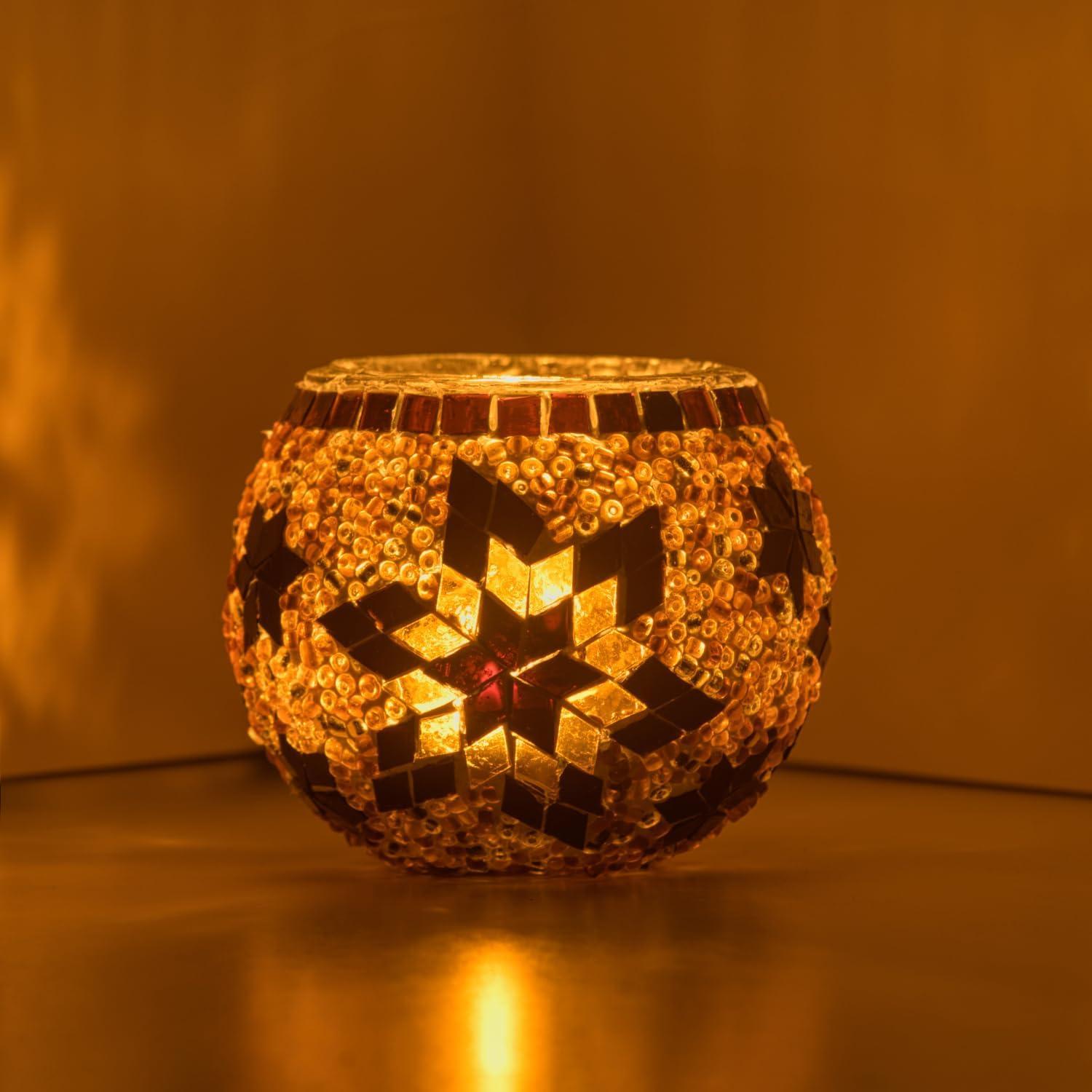 Kafthan 3.4 in. Handmade Ecru and Brown Mosaic Glass Votive Candle Holder