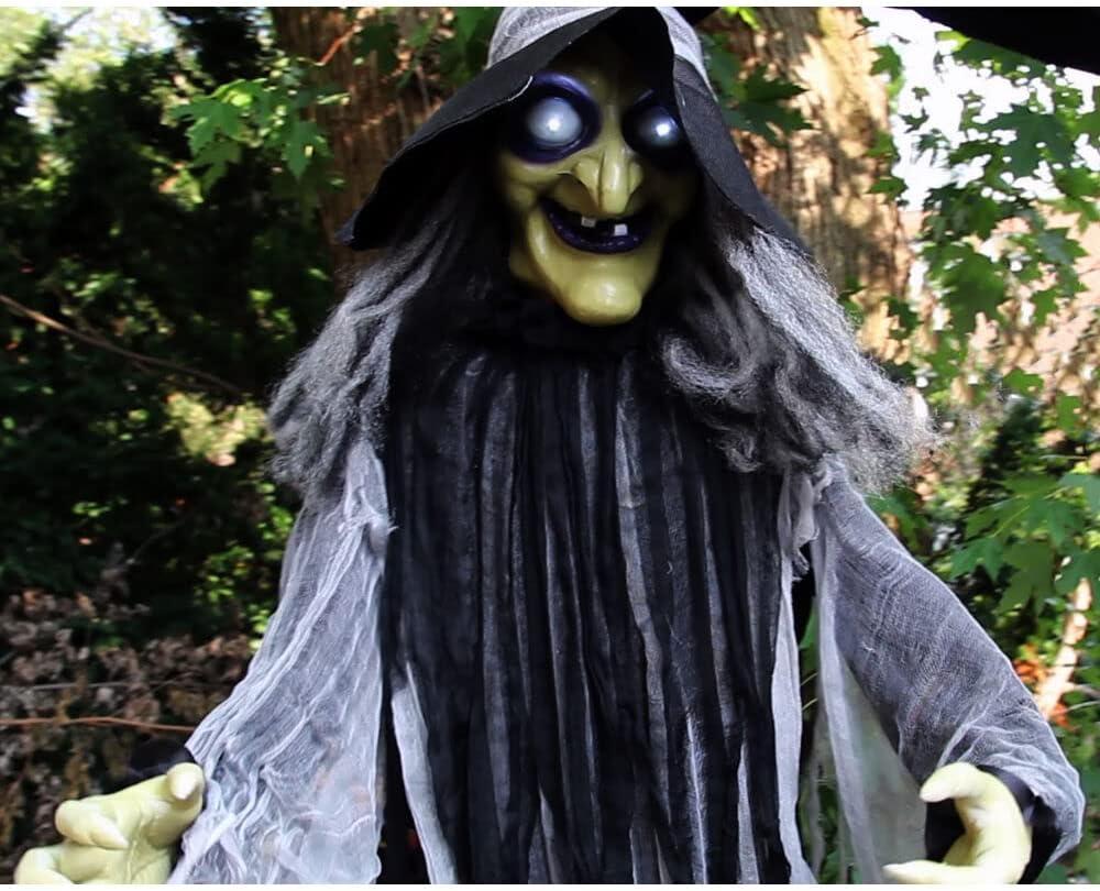 Haunted Hill Farm 9.5-Ft. Animatronic Witch, Indoor or Covered Outdoor Halloween Decoration, Light-up White Eyes, HHWITCH-16FLSA